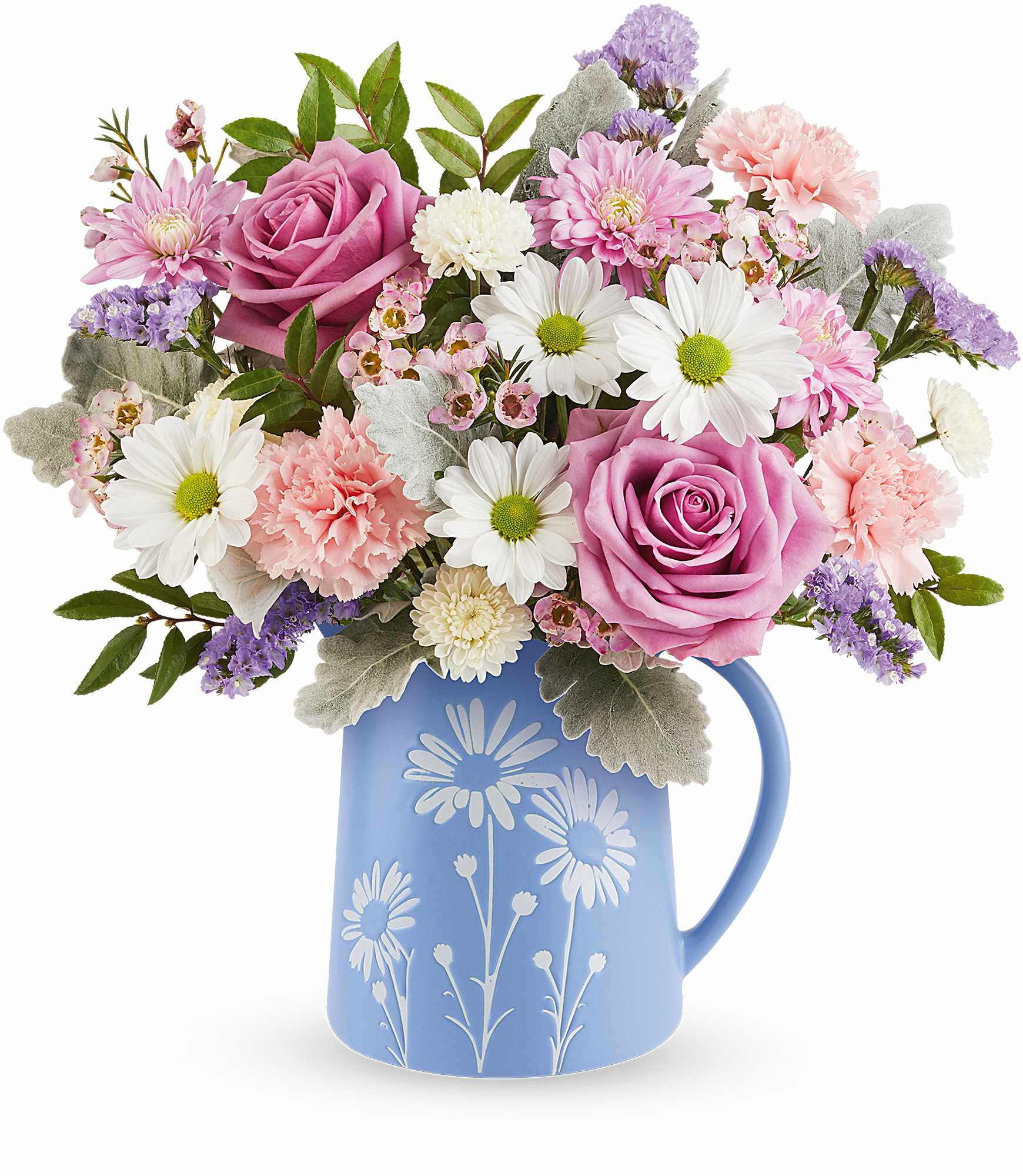 Pastel Meadow Bouquet - Soft and serene, Our Pastel Meadow Bouquet brings the beauty of a blossoming garden indoors with delicate lavender roses and pastel blooms arranged in a blue food-safe pitcher featuring a charming white daisy design.