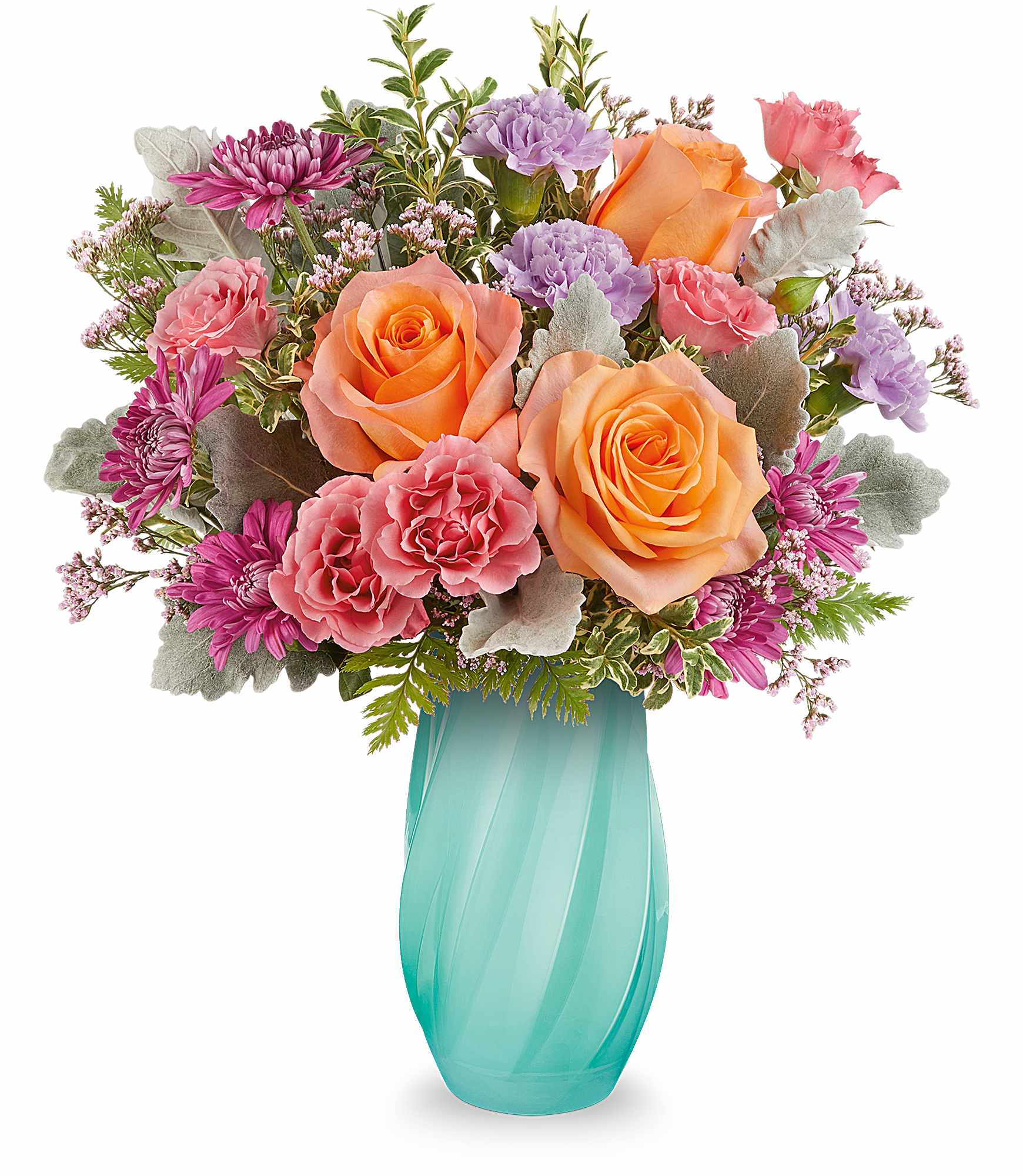 Blue Radiance Bouquet - Brighten their spring with Our Blue Radiance Bouquet, a joyful mix of orange, pink, and lavender blooms arranged in a sculpted glass vase with a graceful diagonal swirl design-a glowing celebration of warmth and renewal.