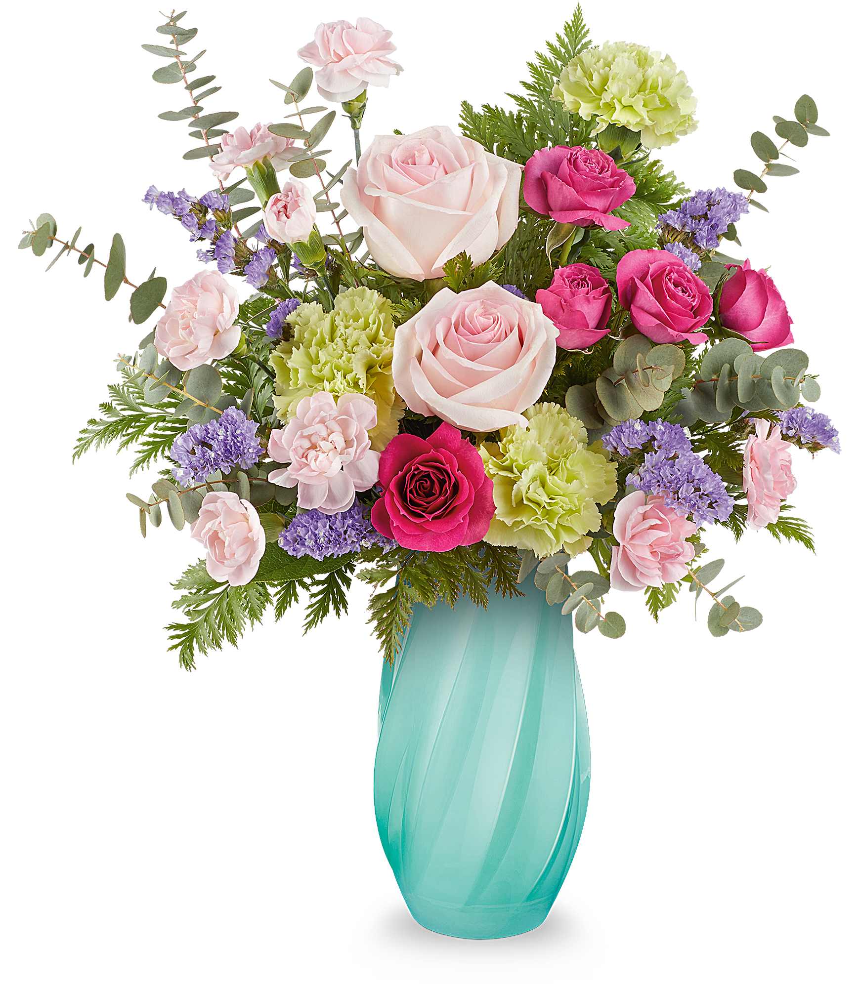 Petal Tide Bouquet - Like a breath of fresh ocean air, our Pearl Tide Bouquet blends soft pinks, bright greens, and hints of lavender in a sculpted glass vase with a graceful diagonal swirl design-a radiant way to refresh their day.