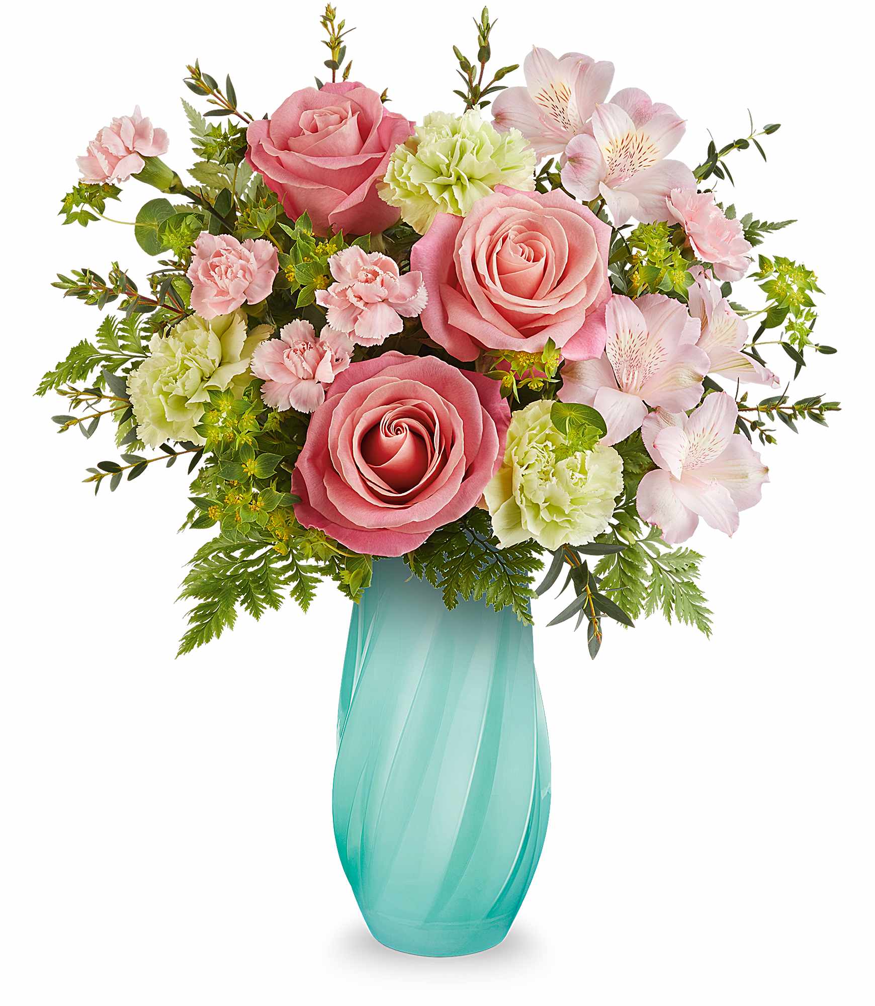 Meadow Mist Bouquet  - Soft and refreshing, Our Meadow Mist Bouquet captures the gentle beauty of blooming fields with coral roses, pink alstroemeria, and green carnations in a sculpted glass vase with graceful diagonal swirls.