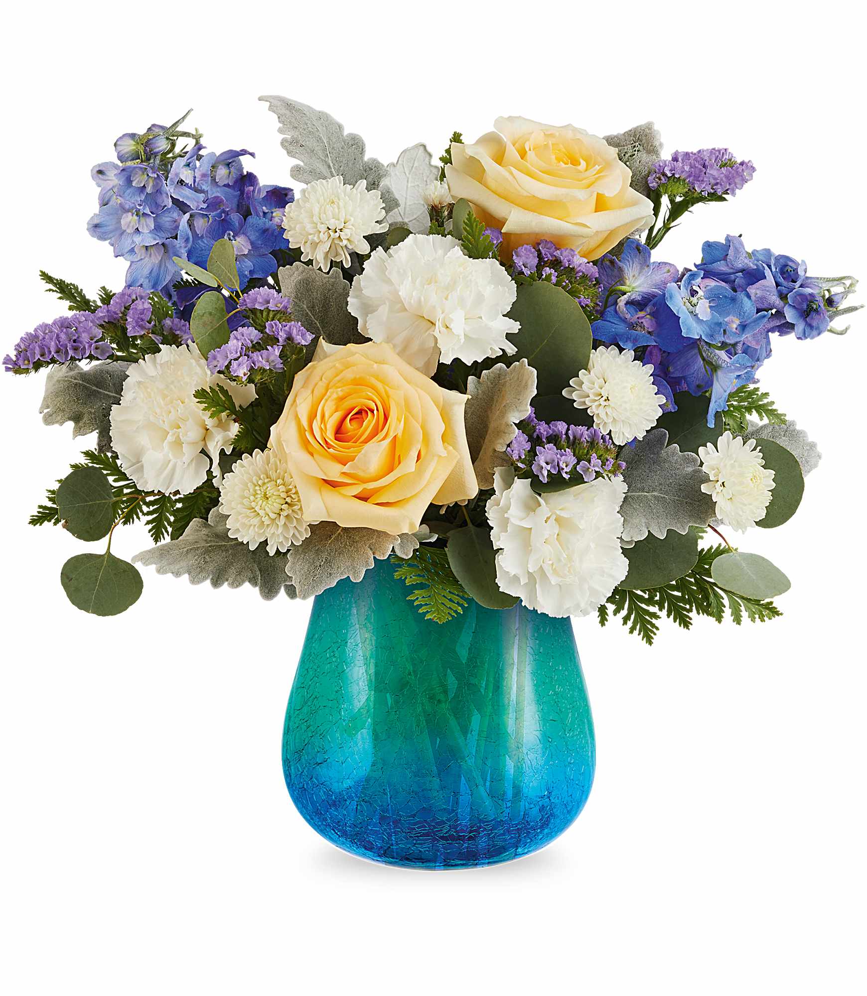 Golden Coast Bouquet - As bright and refreshing as a seaside breeze, our Golden Coast Bouquet shines with sunny yellow roses and cool blue blooms, artfully arranged in a turquoise glass vase with a crackled design and soft gradient finish.