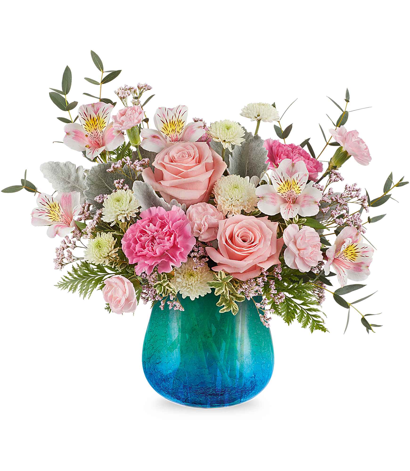 Blue Hues Bouquet - Soft and serene, our Blue Hues Bouquet delights with blush pink blooms and airy whites, artistically arranged in a translucent turquoise glass vase with a crackled finish and dreamy gradient. A beautiful way to share calm and joy.