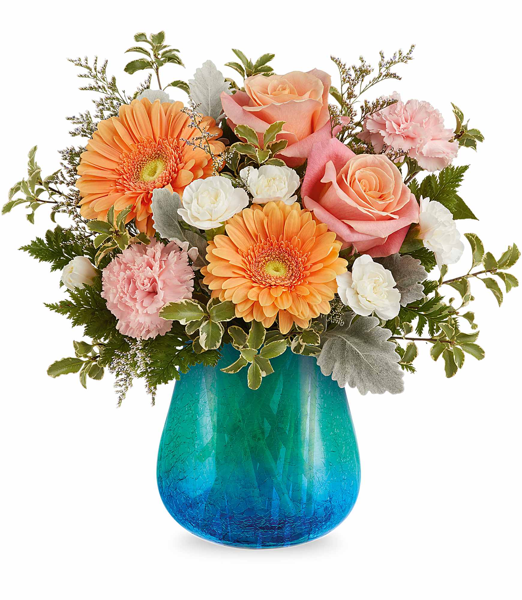 Ocean Sunrise Bouquet - As radiant as a seaside sunrise, our Ocean Sunrise Bouquet brings together coral roses, peach gerberas, and pink blooms in a turquoise glass vase with a stunning crackled gradient finish. A cheerful and uplifting gift for any occasion.