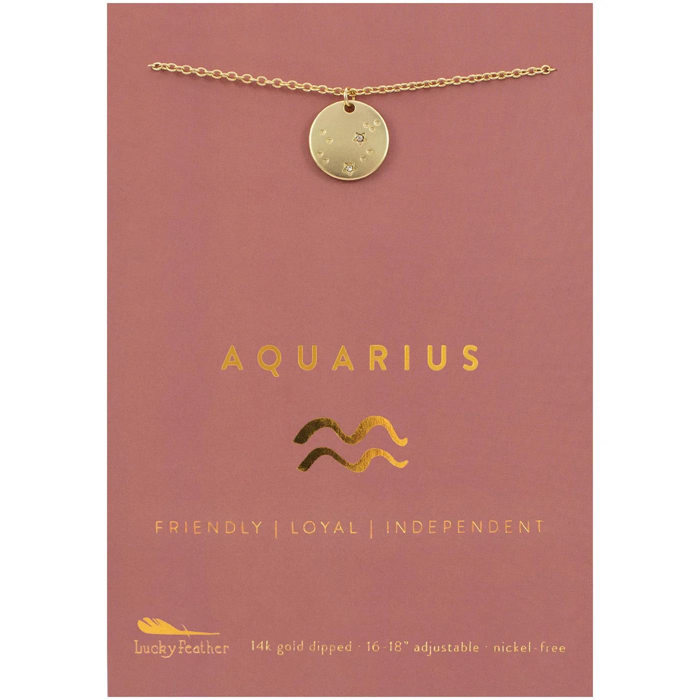 Aquarius Zodiac Necklace - Radiate Your Star Sign in Style with our Zodiac Necklace  Celebrate your celestial identity with this elegant Zodiac Necklace. Whether you're a bold Leo or a mysterious Scorpio, this necklace is designed to reflect the unique qualities of your astrological sign. The gold-plated charm subtly showcases your constellation, making it a perfect accessory for both casual and formal outfits. Lightweight and timeless, this piece makes a thoughtful gift for astrology lovers or a meaningful addition to your own jewelry collection.  Gold-Plated for Lasting Shine: Elevate any look with a touch of sophistication.  Personalized for Your Sign: A stunning reminder of your inner strengths and qualities.  Perfect Gift: Comes with a beautifully designed card, making it a memorable present for birthdays, anniversaries, or special occasions.  Align your style with the stars, and let your Zodiac sign shine wherever you go!  