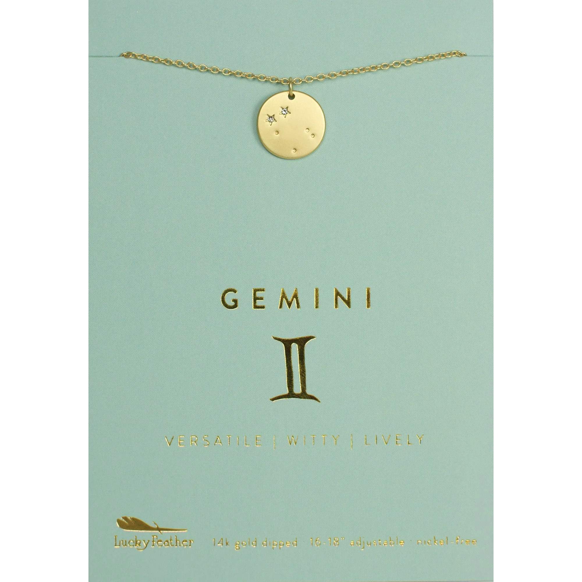 Gemini Zodiac Necklace - Radiate Your Star Sign in Style with our Zodiac Necklace  Celebrate your celestial identity with this elegant Zodiac Necklace. Whether you're a bold Leo or a mysterious Scorpio, this necklace is designed to reflect the unique qualities of your astrological sign. The gold-plated charm subtly showcases your constellation, making it a perfect accessory for both casual and formal outfits. Lightweight and timeless, this piece makes a thoughtful gift for astrology lovers or a meaningful addition to your own jewelry collection.  Gold-Plated for Lasting Shine: Elevate any look with a touch of sophistication.  Personalized for Your Sign: A stunning reminder of your inner strengths and qualities.  Perfect Gift: Comes with a beautifully designed card, making it a memorable present for birthdays, anniversaries, or special occasions.  Align your style with the stars and let your Zodiac sign shine wherever you go!  Care Tips We often hear from customers about how amazingly our jewelry holds up over time, especially given how affordable it is! We take care to use the highest quality plating methods and seal our items with an added layer of protective coating.  Here’s a few tips to keep your jewelry shining for years to come:  If you can, avoid showering, swimming or exercising in your jewelry. It’s best to keep your jewelry away from lotions and cosmetics. Occasionally clean with a soft, microfiber cloth. Keep stored in cool, dry place.