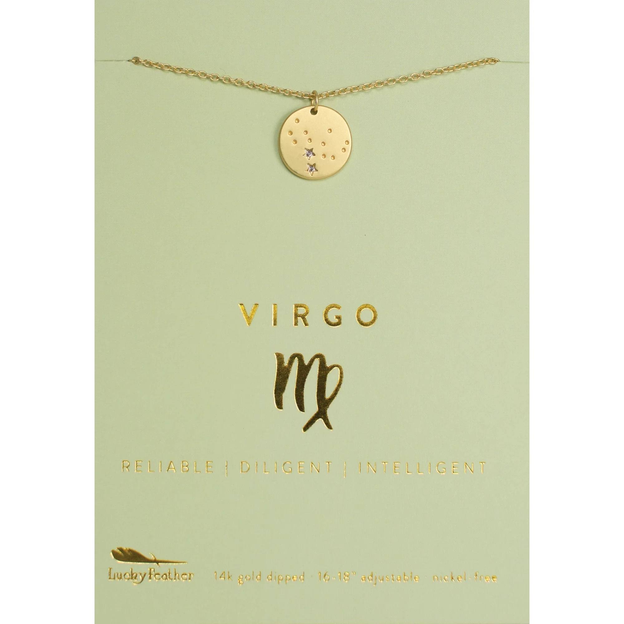 Virgo Zodiac Neckalce -  Radiate Your Star Sign in Style with our Zodiac Necklace  Celebrate your celestial identity with this elegant Zodiac Necklace. Whether you're a bold Leo or a mysterious Scorpio, this necklace is designed to reflect the unique qualities of your astrological sign. The gold-plated charm subtly showcases your constellation, making it a perfect accessory for both casual and formal outfits. Lightweight and timeless, this piece makes a thoughtful gift for astrology lovers or a meaningful addition to your own jewelry collection.  Gold-Plated for Lasting Shine: Elevate any look with a touch of sophistication.  Personalized for Your Sign: A stunning reminder of your inner strengths and qualities.  Perfect Gift: Comes with a beautifully designed card, making it a memorable present for birthdays, anniversaries, or special occasions.  Align your style with the stars and let your Zodiac sign shine wherever you go!  Care Tips We often hear from customers about how amazingly our jewelry holds up over time, especially given how affordable it is! We take care to use the highest quality plating methods and seal our items with an added layer of protective coating.  Here’s a few tips to keep your jewelry shining for years to come:  If you can, avoid showering, swimming or exercising in your jewelry. It’s best to keep your jewelry away from lotions and cosmetics. Occasionally clean with a soft, microfiber cloth. Keep stored in cool, dry place.