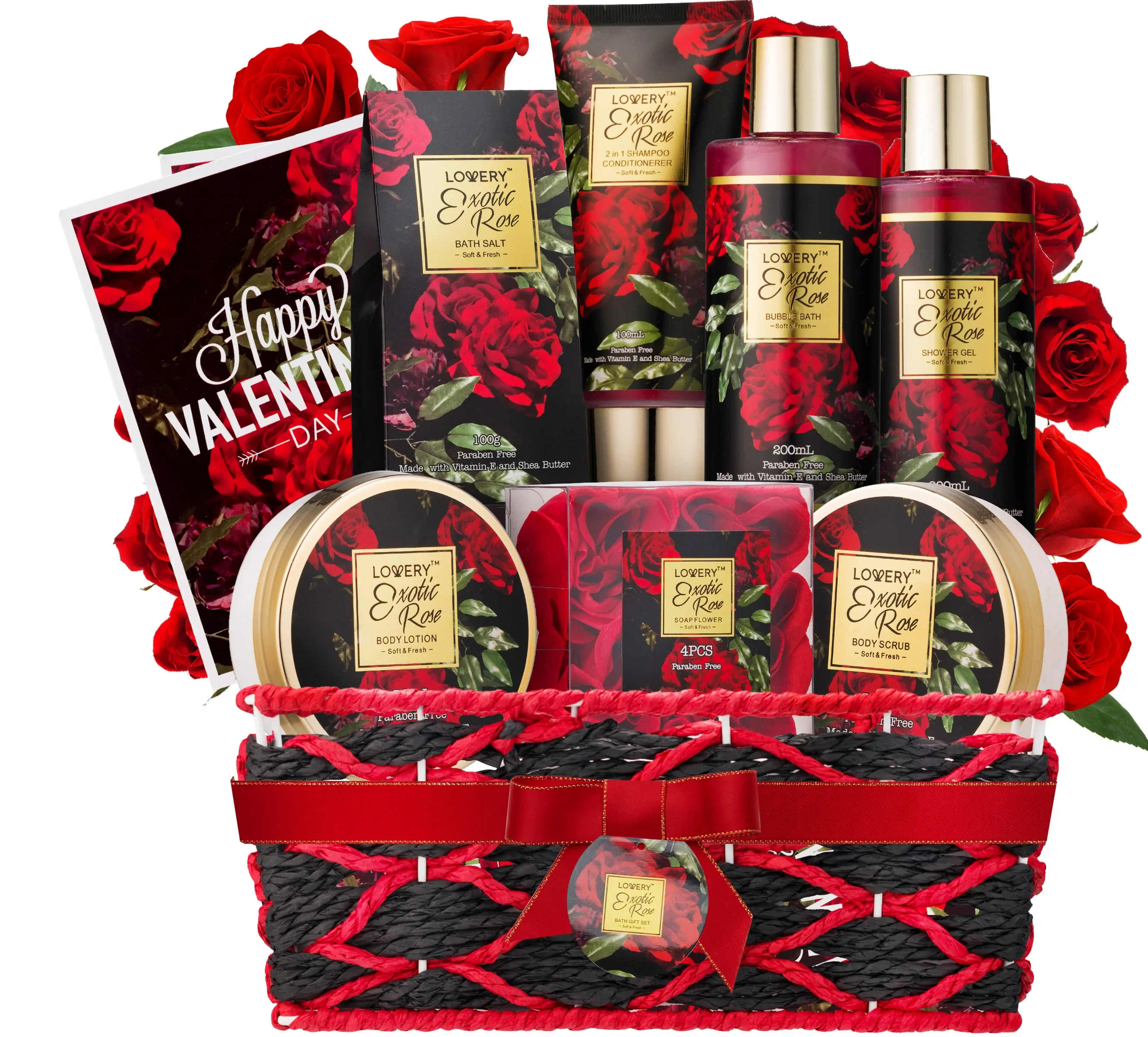 Exotic Rose Spa Gift Basket - Red Rose Spa Kit helps you unwind and relax as your hair, skin, and body rejoice in the anti-aging effects. This beautiful fragrant flower is the universal symbol of love and perfect for Valentines Crafted with moisturizing Shea Butter &amp; nourishing Vitamin E, the Red Rose Spa Kit helps you unwind and relax amid a calming aroma as your hair, skin, and body rejoice in the anti-aging effects. This beautiful fragrant flower is the universal symbol of love and exerts a positive soothing effect on mind, body and skin. The delicate wafting aroma of rose petals helps to calm restlessness and irritability and relieve stress. Give your skin more of what it loves with Lovery!  This premium beauty &amp; personal care package is infused with many different essential oils such as lavender, coconut and Eucalyptus Body Oils. Our Bath and Body items are Paraben and Cruelty Free for an invigorating aromatherapy experience. It is the best gift for a woman that has everything or a gift for Dad who wants nothing. 