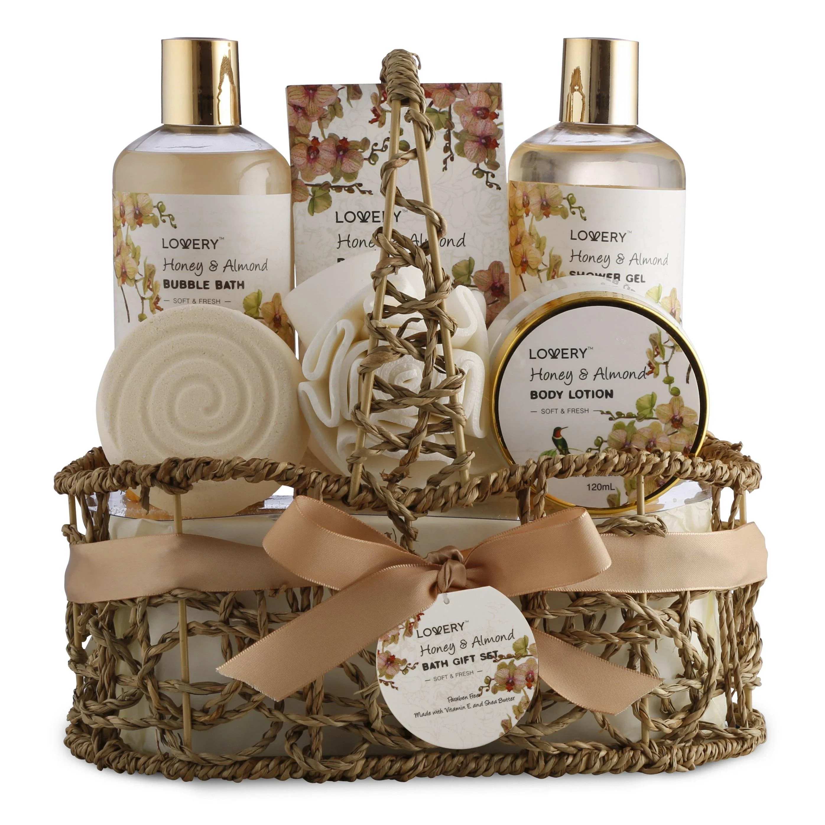 Honey &amp; Almond Handmade Body Care Set - Indulge in the Honey &amp; Almond Handmade Body Care Set and savor the luscious aroma of honey almond. Perfect for almond aficionados, this set not only envelopes you in its sweet scent but also moisturizes with almond oil, ensuring skin stays supple and hydrated. Dive into the enticing and comforting aroma of Honey &amp; Almond with our Handmade Body Care Set. This rich and creamy blend reminds one of a cozy dessert on a chilly afternoon. Treat yourself or a loved one to this luxurious experience, complete with top-notch bath essentials.   Make any occasion—from Birthdays and Anniversaries to Mother's Day and Christmas—exceptionally memorable with this exquisite spa gift basket. And to make it even more personal, pen down your sentiments on the included gift note, making it a cherished gift for any special lady in your life. 