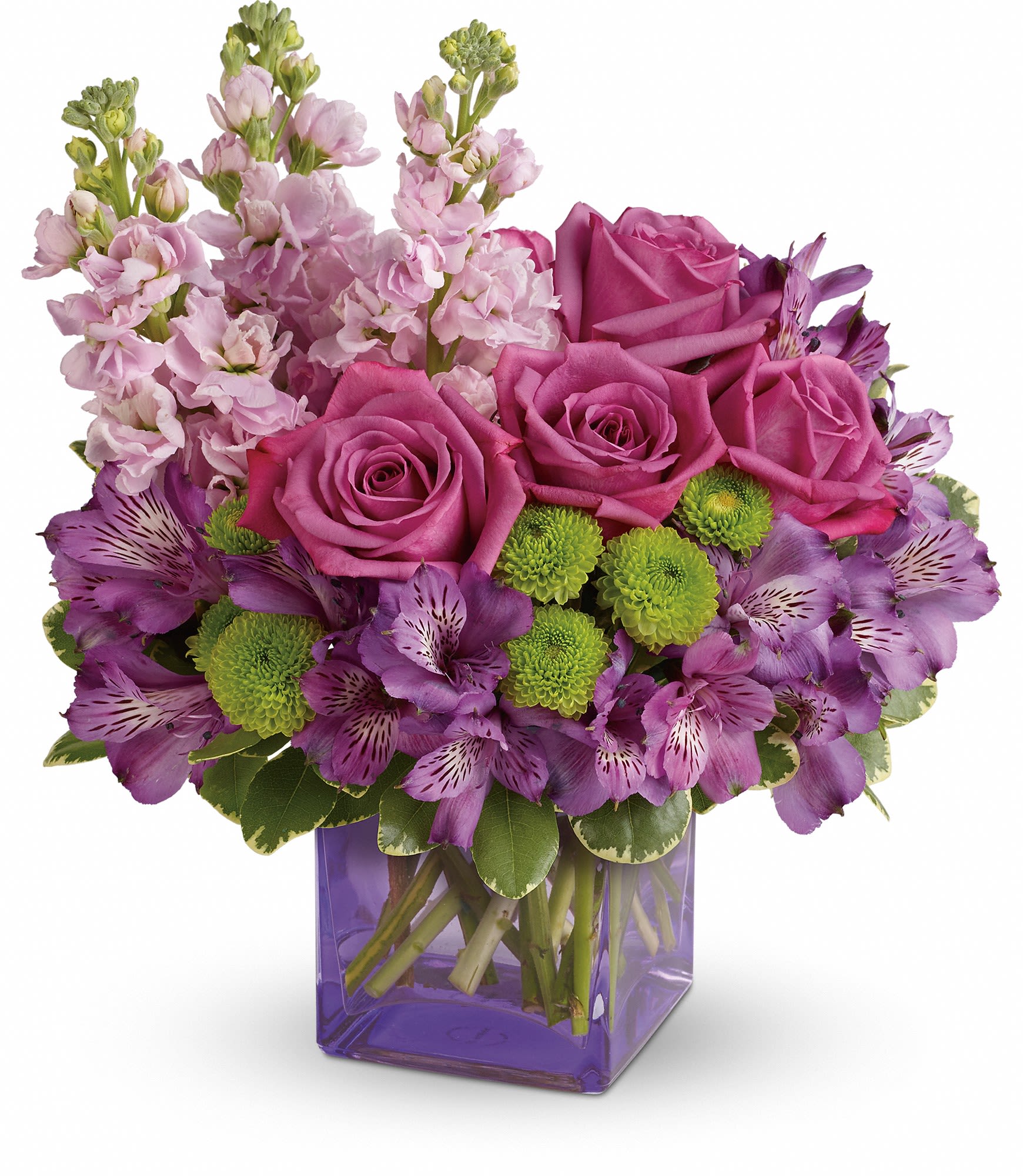 Sweet Sachet Bouquet - Sweet as can be! Hand-delivered in a chic lavender cube, this marvelous mix of jewel toned blooms is a touching way to celebrate someone special on their birthday or any day.