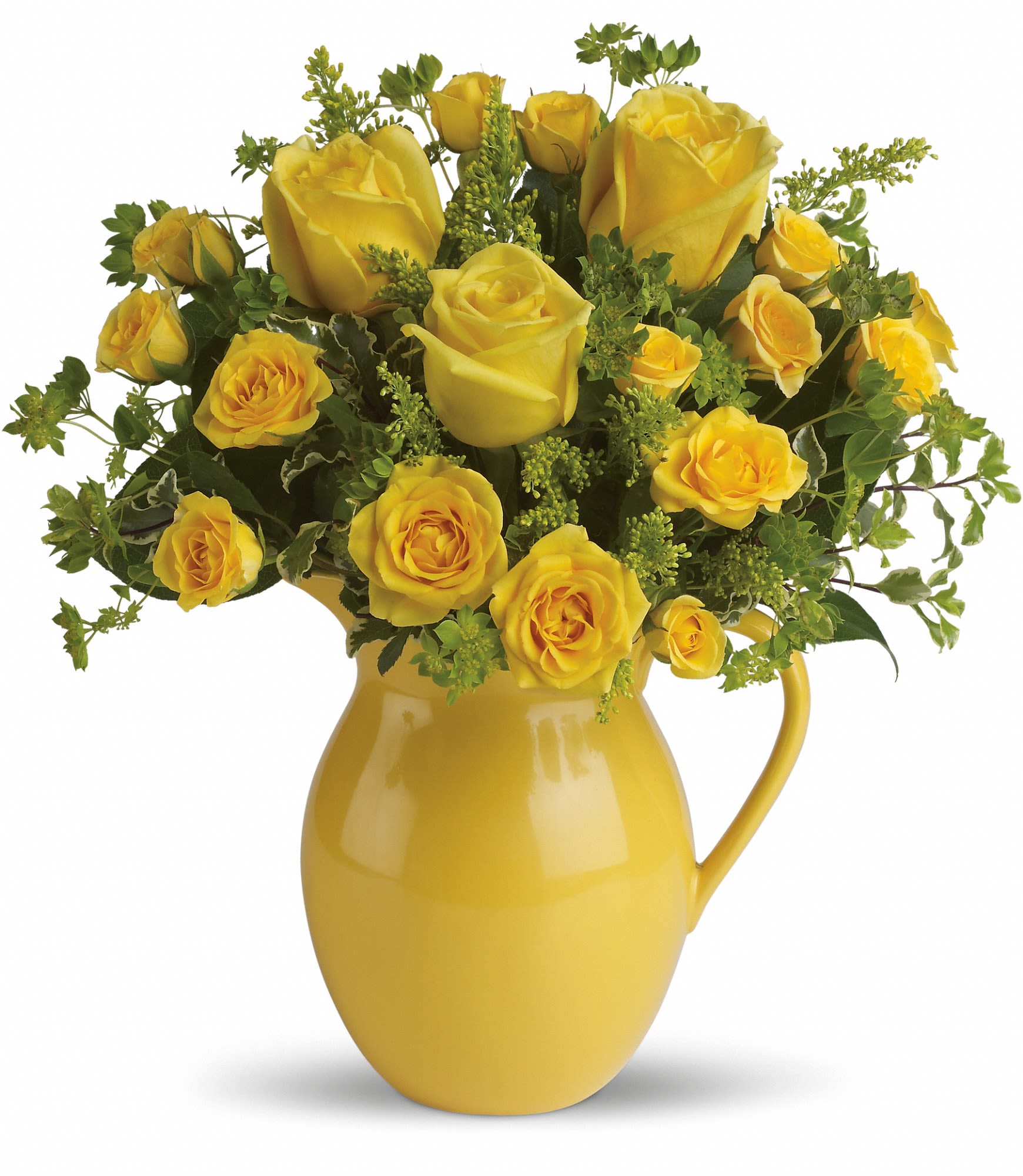 Sunny Day Pitcher of Roses  - Want to make any day sunny for someone special? Simply have this cheerful pitcher of bright yellow roses hand-delivered to them and they will bask in its warm glow. Just think: No SPF needed!