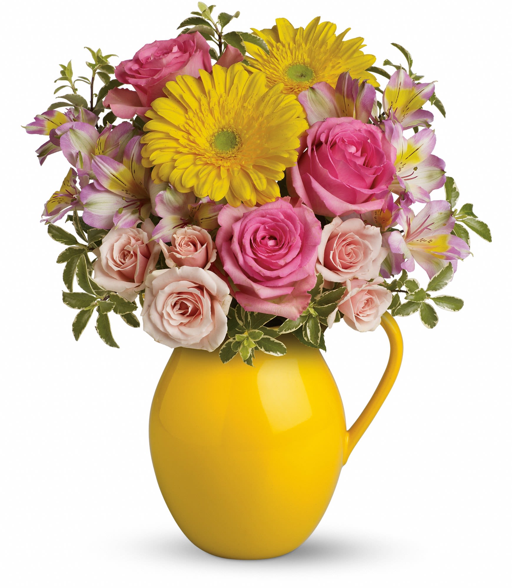 Sunny Day Pitcher Of Charm - Fill their cup with happiness! This signature Sunny Day pitcher is sure to pour joy! Filled with beautifully bright gerberas and sweet roses, it's a gift they'll always treasure.