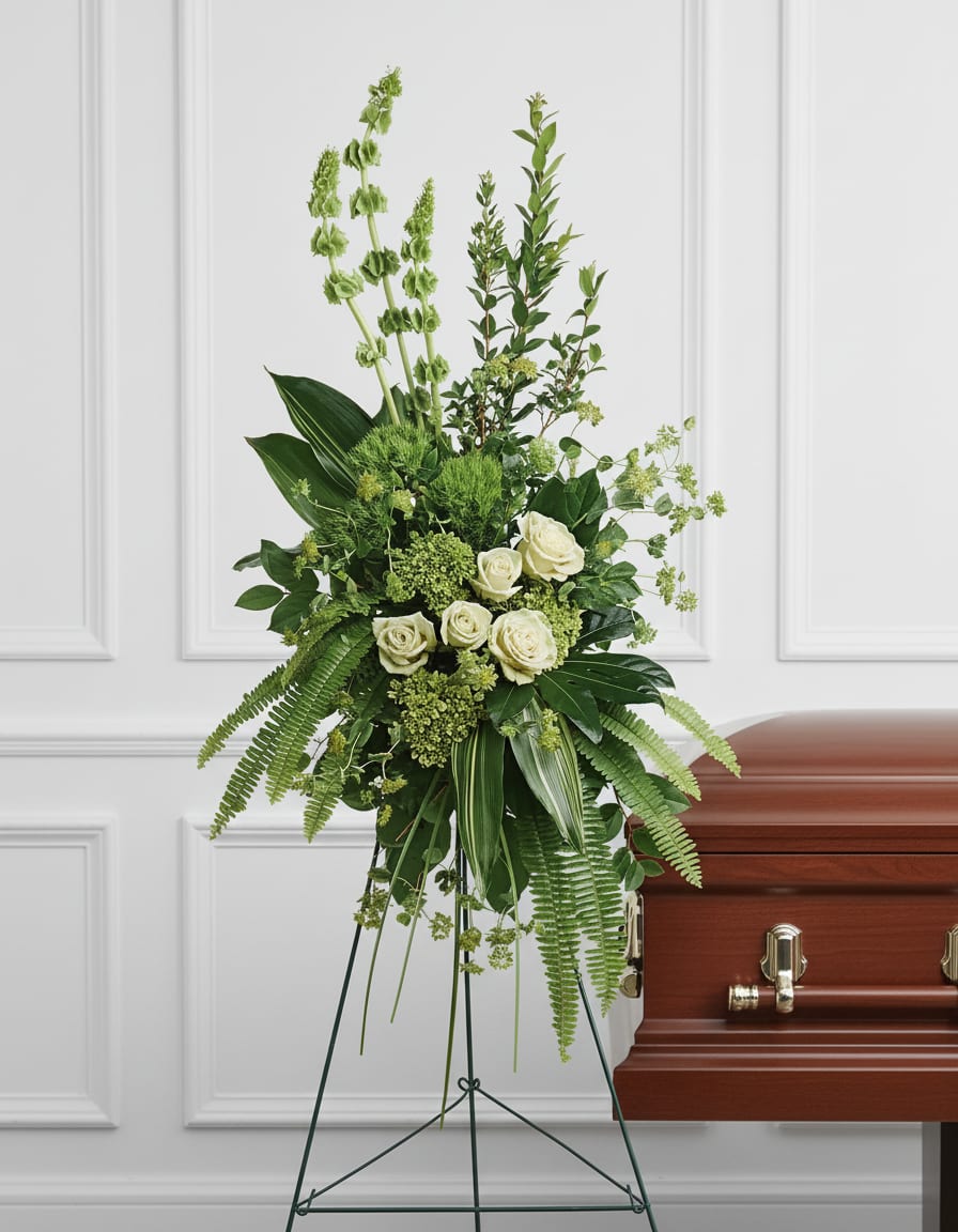 Forever At Peace Spray - A peaceful display of affection and sympathy, this monochromatic spray of gorgeous fresh greens and pure white roses is a vision of tranquility.