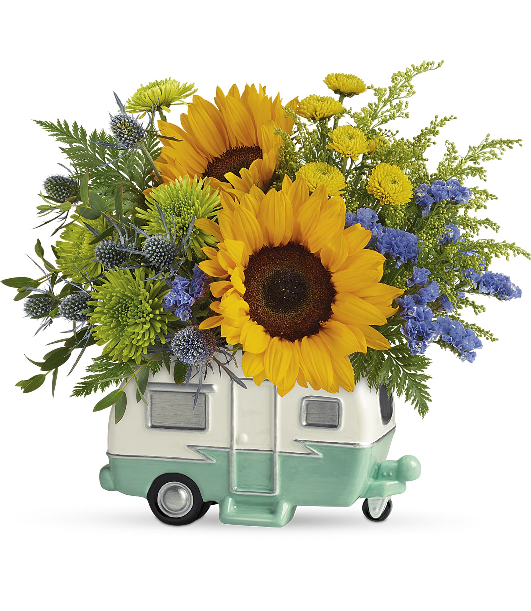 Retro Road Tripper Bouquet - Send them a gift as cool as them! Put your next gift choice on cruise control with this charming arrangement, featuring a retro ceramic camper bursting with a colorful sunflower bouquet.