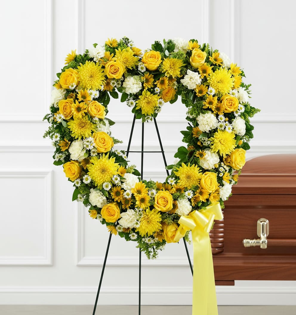 Forever Loved Standing Heart - Bright yellow roses and chrysanthemums shaped into a heart create an uplifting, heart-shaped funeral wreath designed for sympathy and memorial display. The Forever Loved Standing Heart reads as affectionate remembrance-perfect for honoring someone special at a funeral service or graveside tribute-while its yellow-and-white palette conveys warmth and hope without losing a respectful tone.  Dense clusters of white carnations and small daisy-like filler blooms soften the vivid yellow, producing a balanced, symmetrical look with rich texture and visual depth. Mounted on a black metal easel and finished with a yellow ribbon, the wreath is sized for standing presentation beside a casket or on a metal wreath stand; the arrangement's fullness and classic heart silhouette ensure it reads clearly from a distance.  Choose this standing heart to express lasting love and fond memories for a parent, partner, or dear friend; it's the kind of tribute that helps the recipient's family feel seen and comforted. Care is handled by your florist for delivery and set-up on the included easel; please note the piece is intended as a standing memorial wreath for service display.