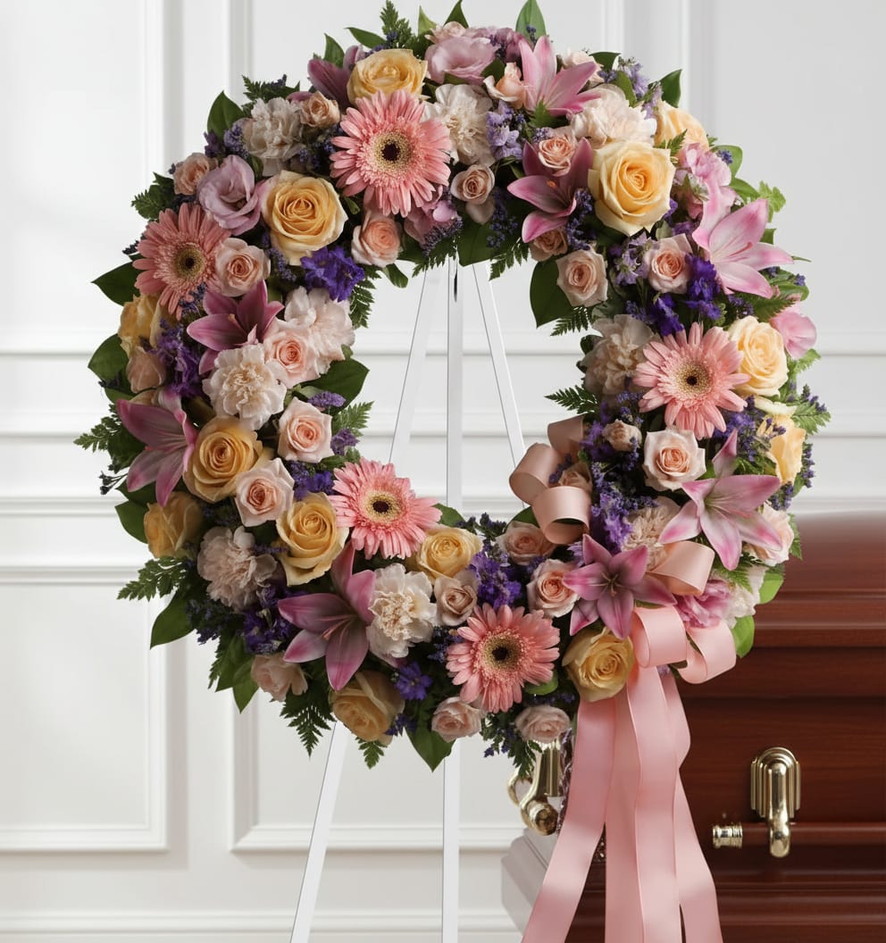 Heart-shaped floral wreath with pink and peach flowers on a stand