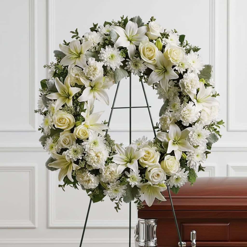 White floral wreath on a stand beside a casket