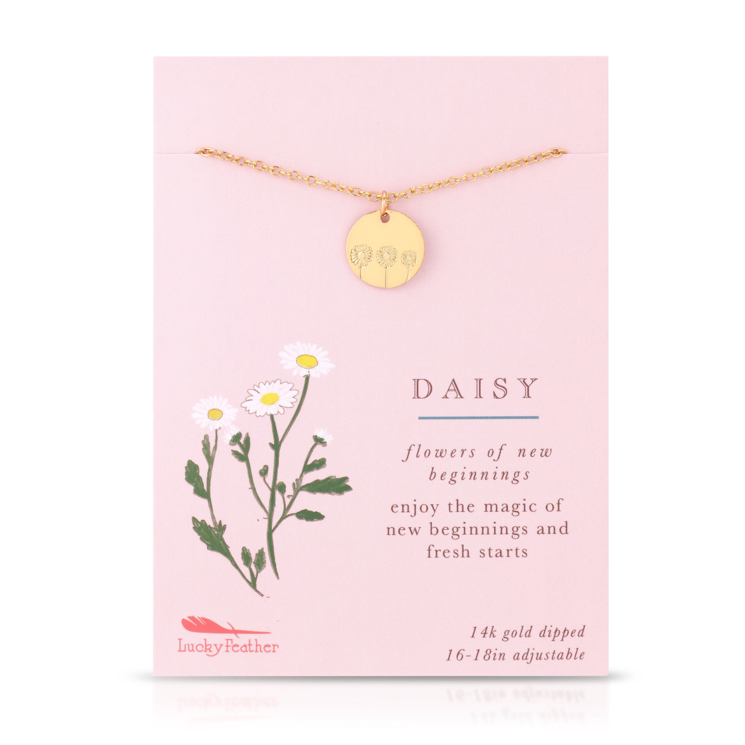 Gold disc daisy necklace on a pink card with illustrated white daisies and text.