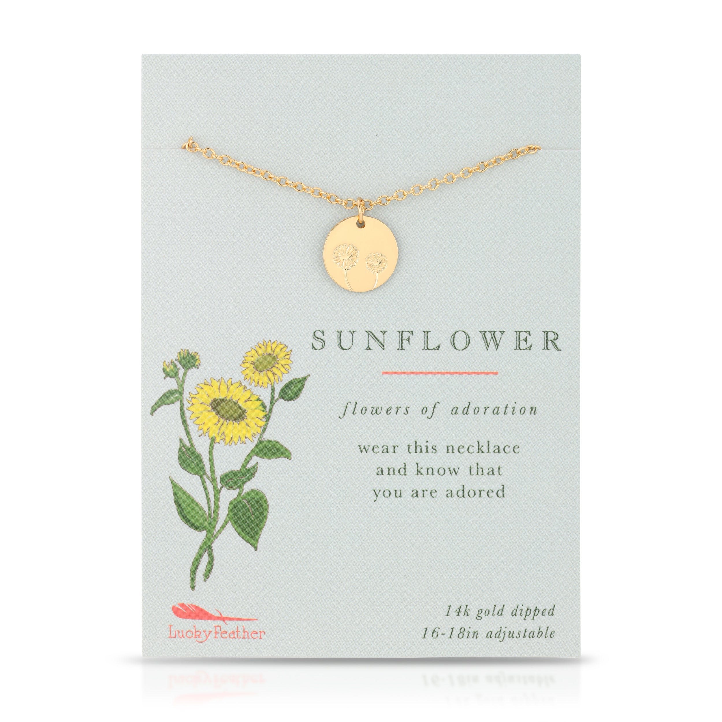 Sunflower (Botanical Necklaces) - These botanical necklaces are the perfect reminder of your ability to bloom! Whether you gift one to a loved one or keep it for yourself, find the flower that speaks to your current pattern. Let them blossom in your life and lead you in a positive direction.  MORE ABOUT THIS COLLECTION Dainty floral-etched pendant necklaces, perfect for botanical-lovers, bridal showers, or anything under the sun. 16-18" adjustable chain and 14k gold dipped.  