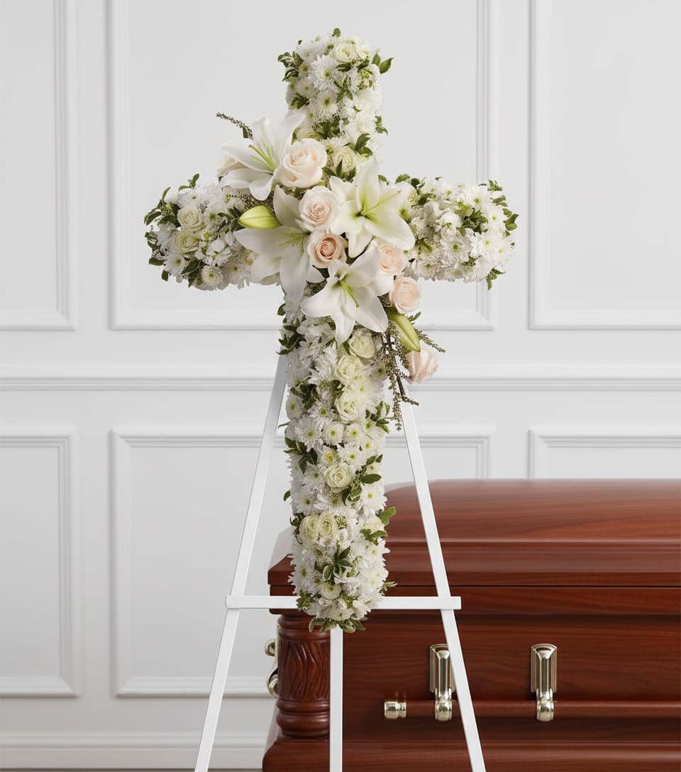White floral cross on an easel beside a casket