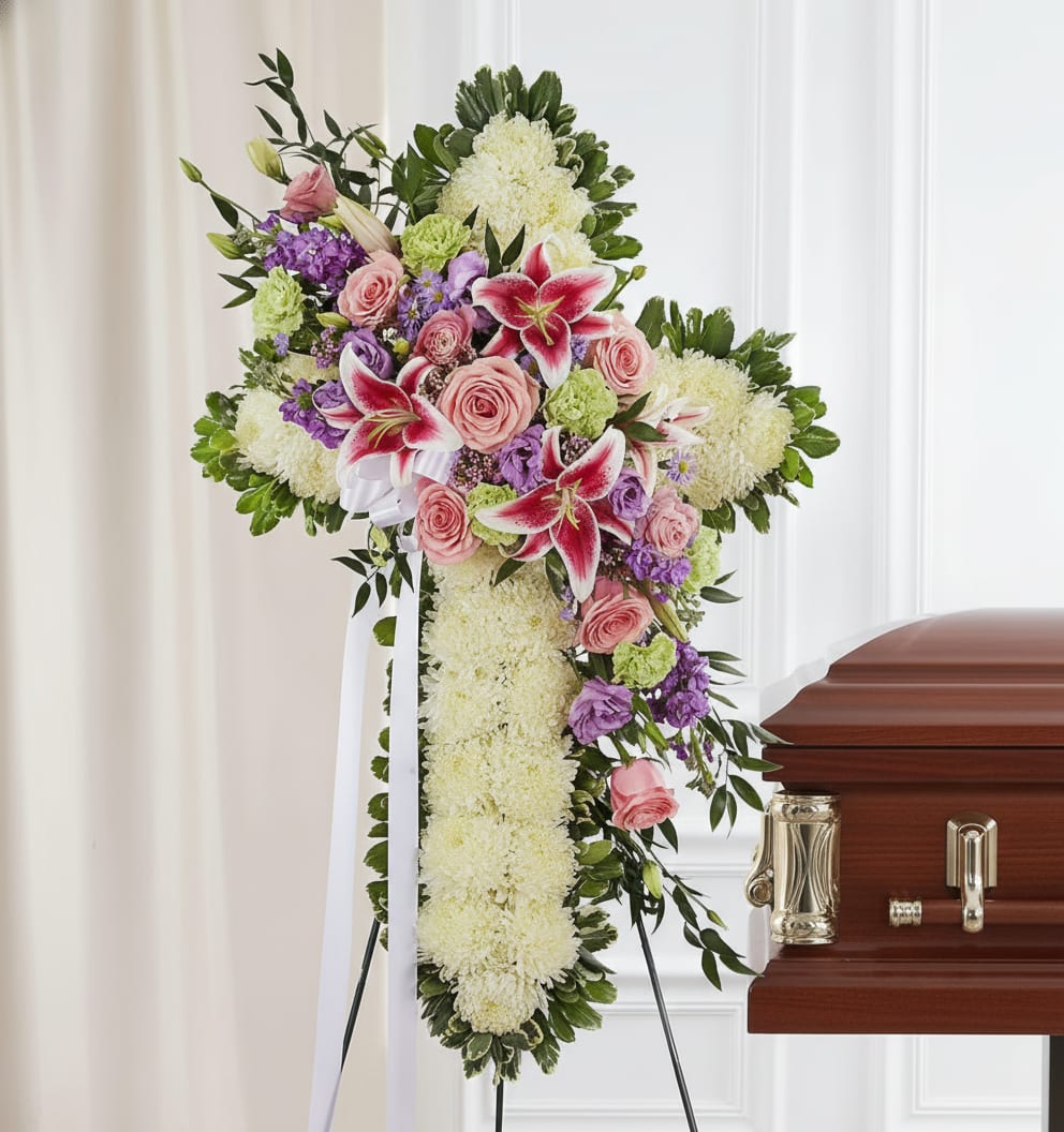 Standing funeral spray with pink lilies, roses, and white flowers