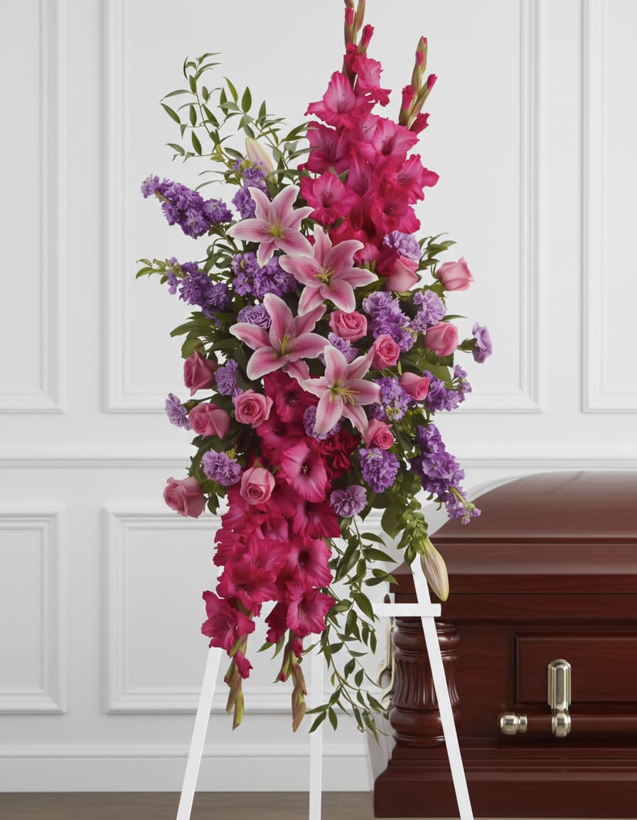 Standing funeral spray with pink lilies, roses, and purple flowers