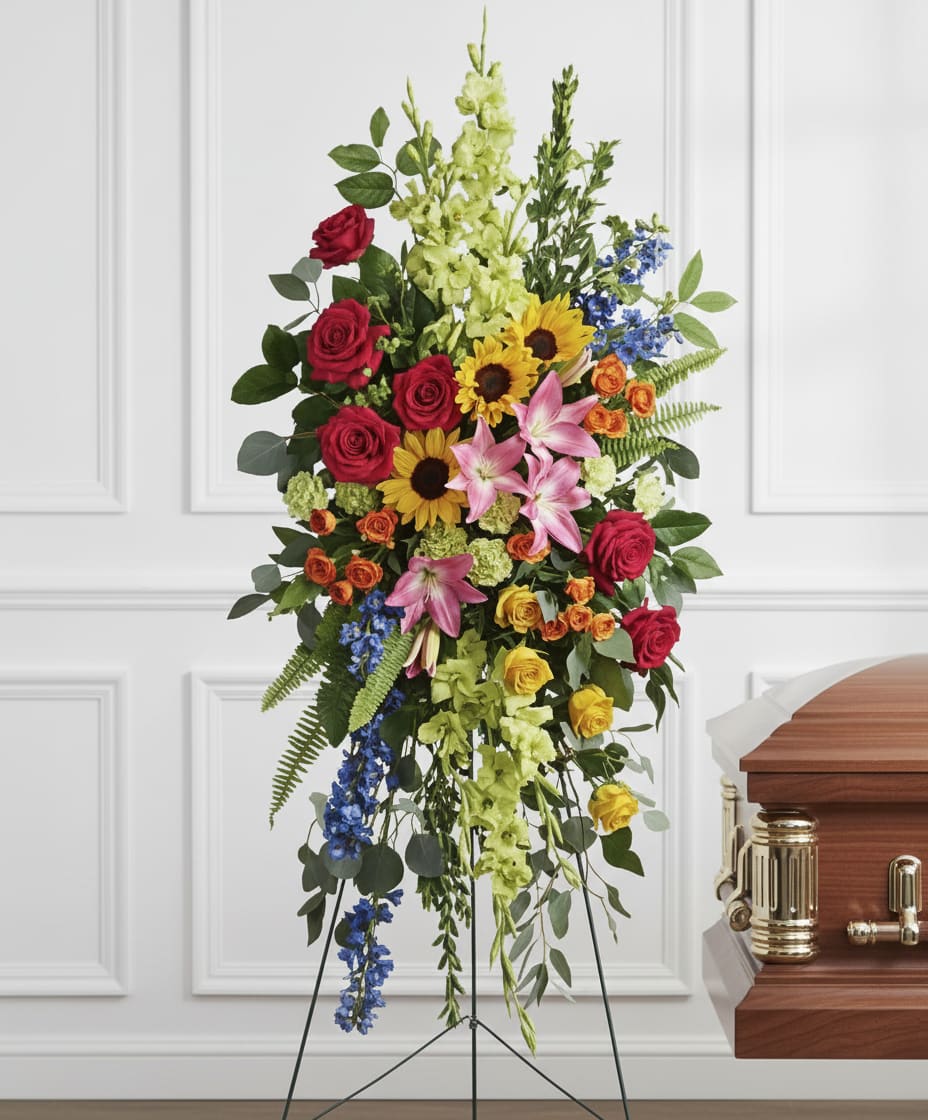 Tall standing floral spray with red roses, sunflowers, lilies, and blue accents beside a casket