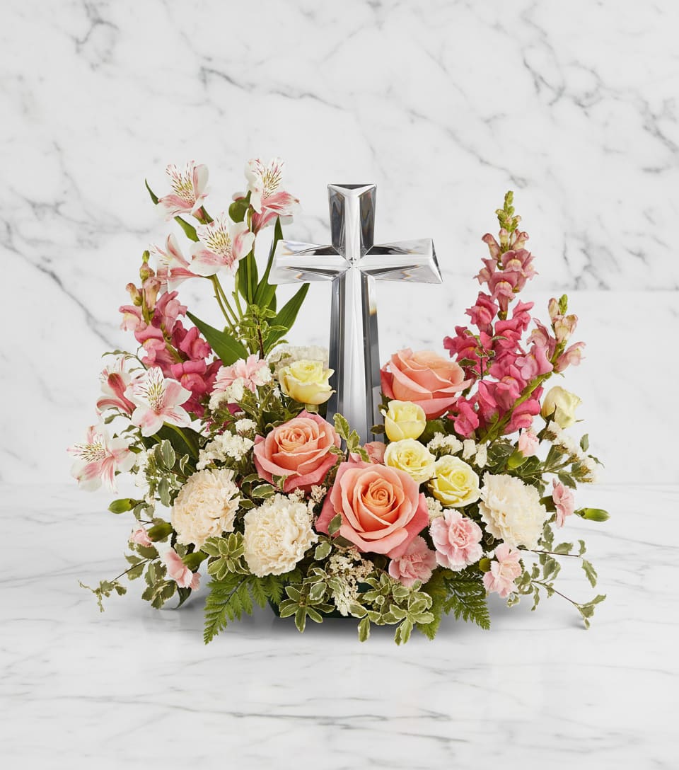 Grace &amp; Glory Bouquet - Celebrate faith and renewal with our Grace &amp; Glory Bouquet, featuring soft coral roses, pink alstroemeria, and delicate blooms surrounding a radiant crystal cross-an inspiring symbol of peace and everlasting love.