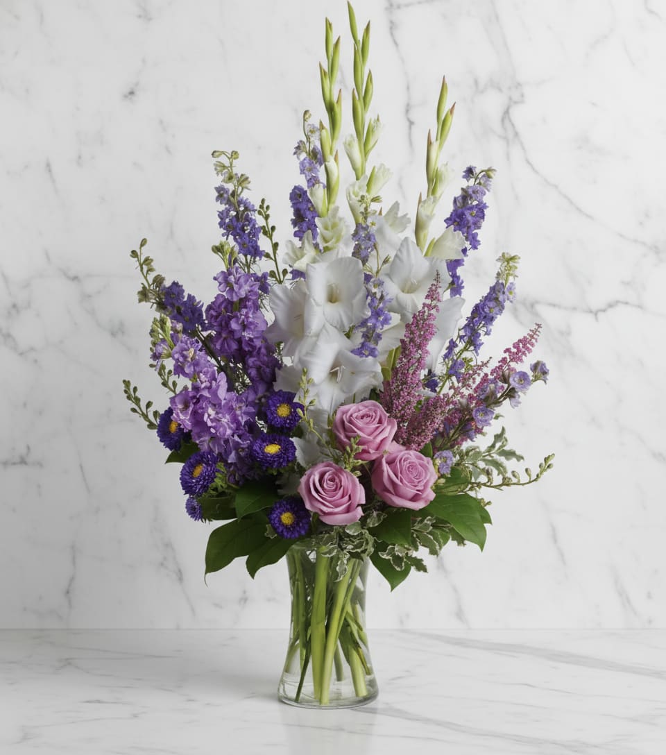 Purple and white mixed bouquet in a clear glass vase