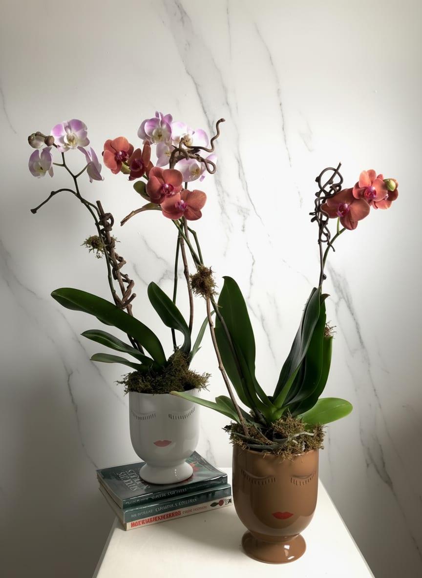 Bi-Color Potted Orchid  - Take a selfie with our Orchid Selfie potted plant! Double stem phalaenopsis orchid planted in ceramic selfie pot. Let us know if you have an orchid color and vase preference, we will try our best to accommodate your request.   Delivery Info- We make all of our deliveries after 1pm every day. If the weather is very cold, we prefer not to leave the plant outside. Please let the recipient know that they should expect delivery.  To give or get flowers weekly or bi weekly, call us and ask about our subscription service.  