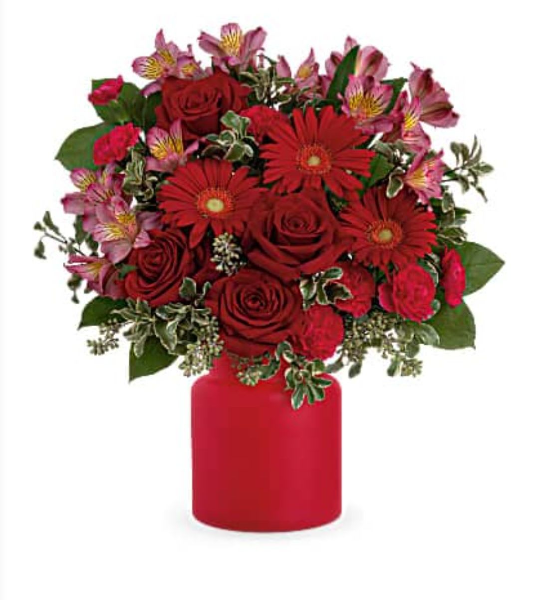 Enchanted Red - Pure enchantment! This radiant red rose bouquet brings bold style to any occasion, presented in a playful frosted glass jar. This arrangement includes red roses, dark pink alstroemeria, hot pink miniature carnations, miniature red carnations, pitta negra, seeded eucalyptus and lemon leaf. Delivered in Teleflora's Savannah Jar. Orientation: All-Around