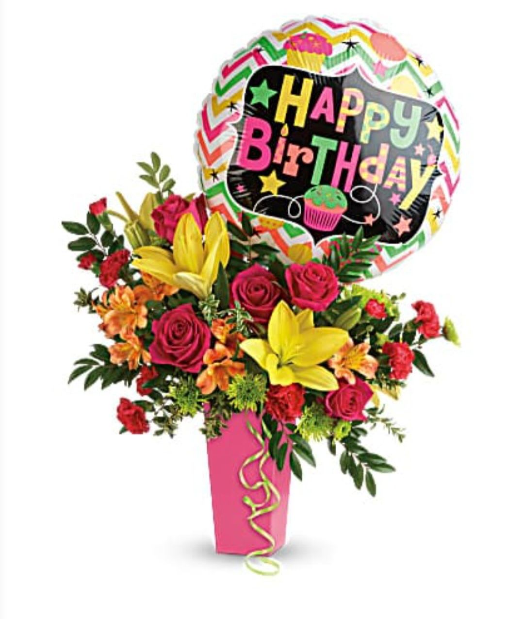 Birthday bouquet with roses, lilies, and a Happy Birthday balloon