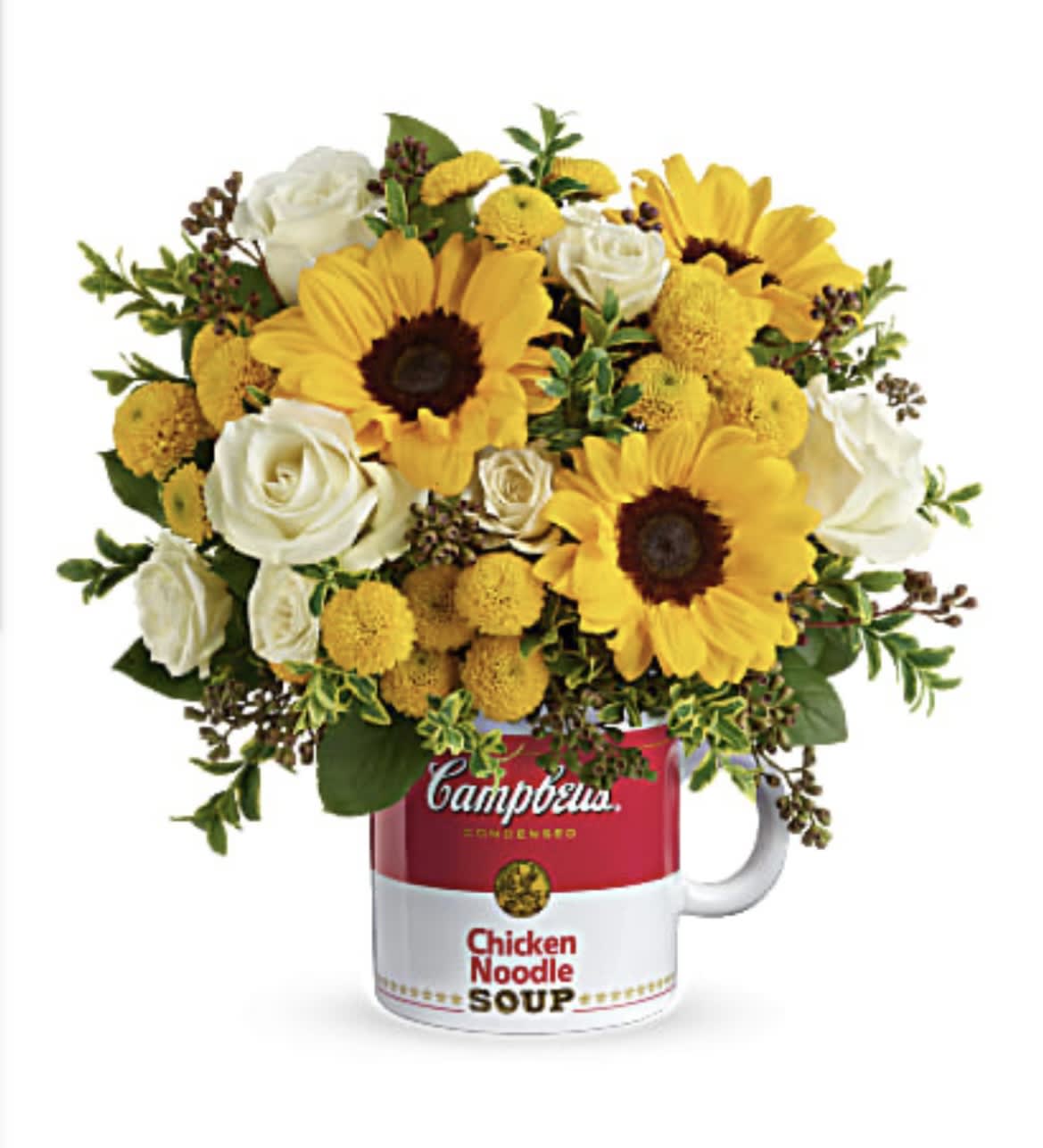 Sunflower and white rose bouquet in a Campbell's soup mug