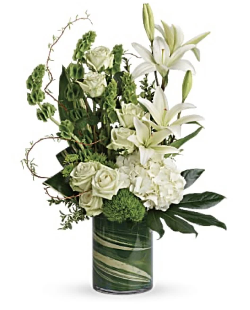 White lilies and roses arranged in a glass vase