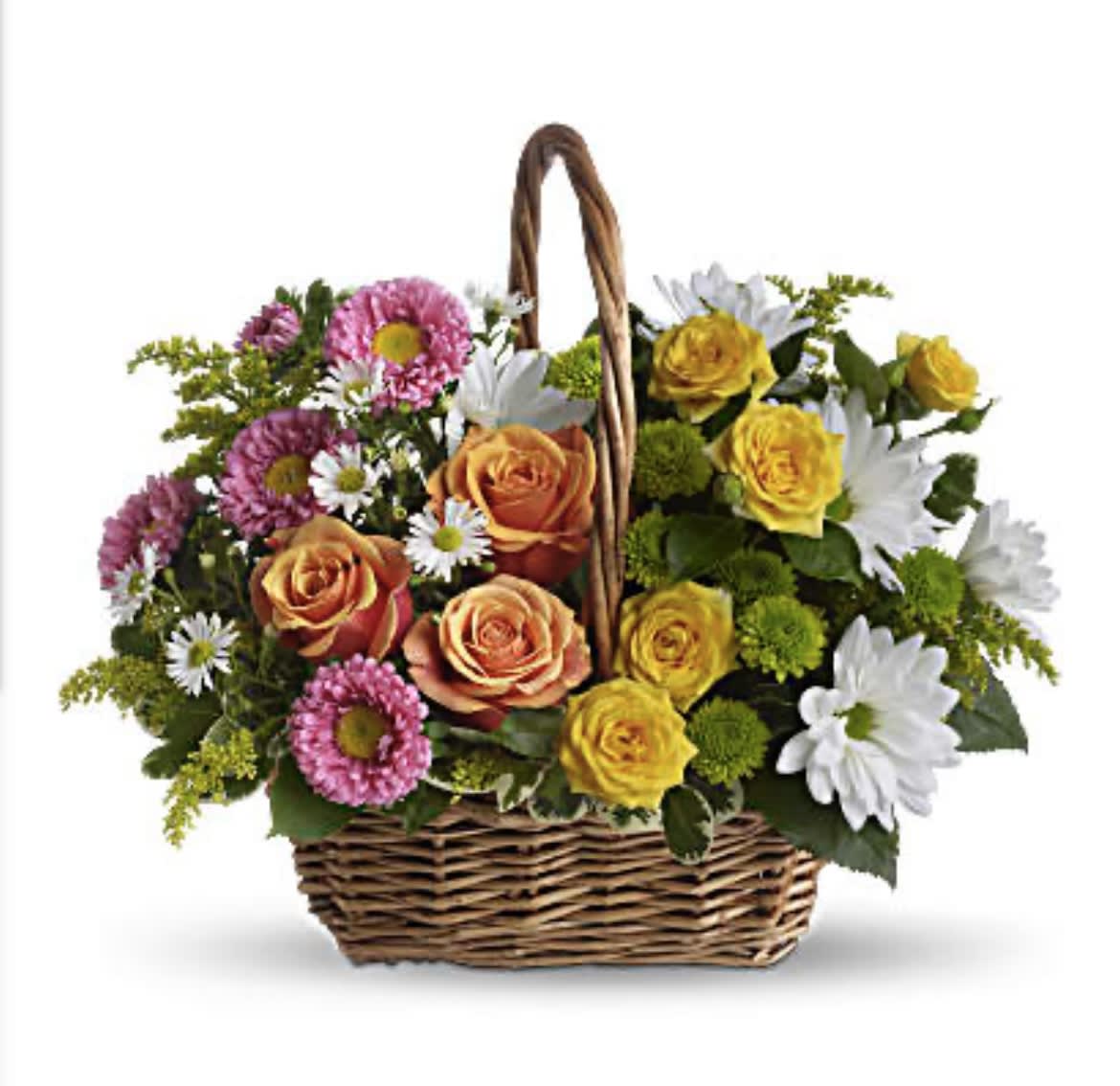 Basket of mixed roses and daisies in pink, yellow, orange, and white