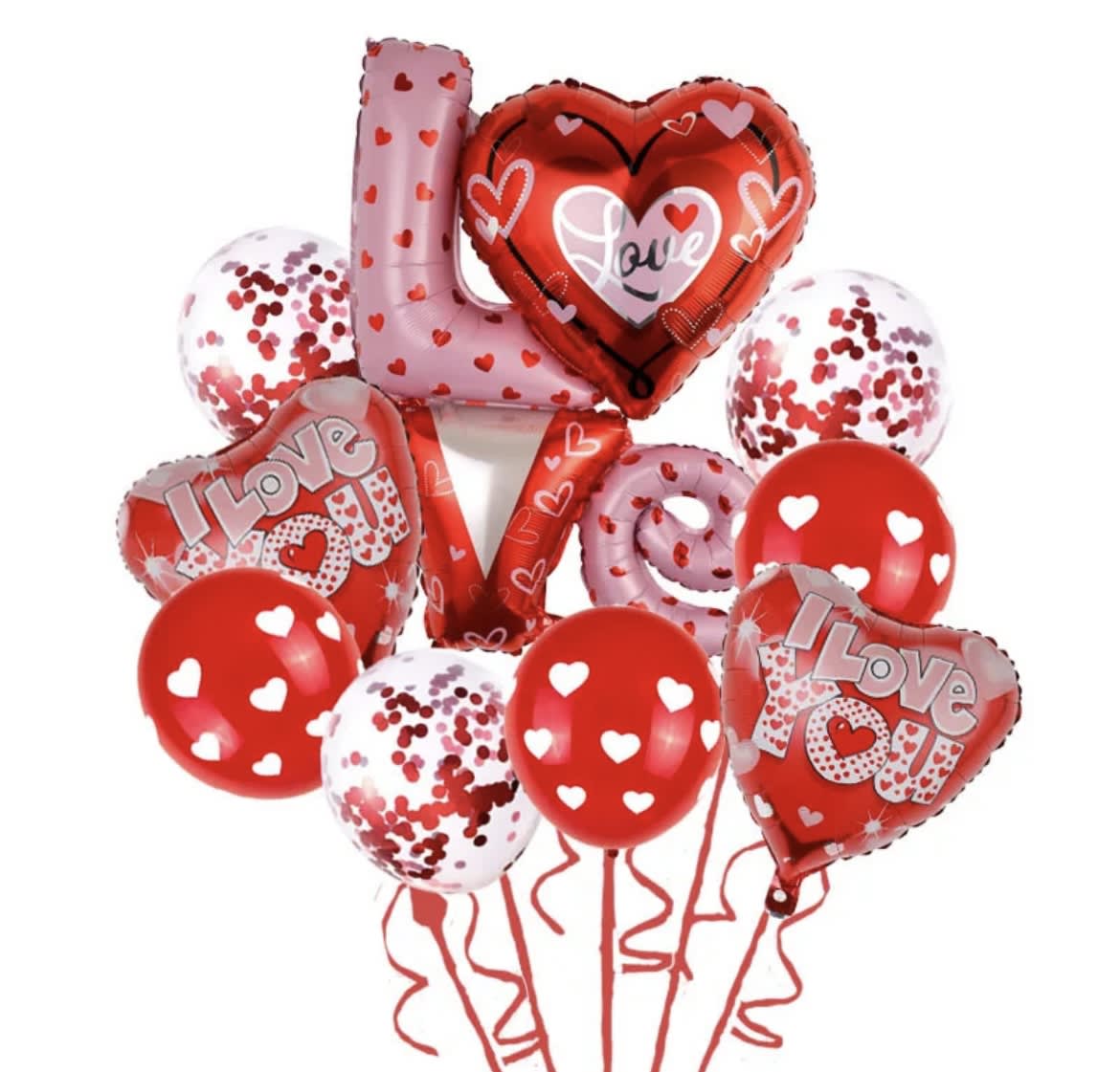 Cluster of red and pink heart-shaped balloons with confetti balloons