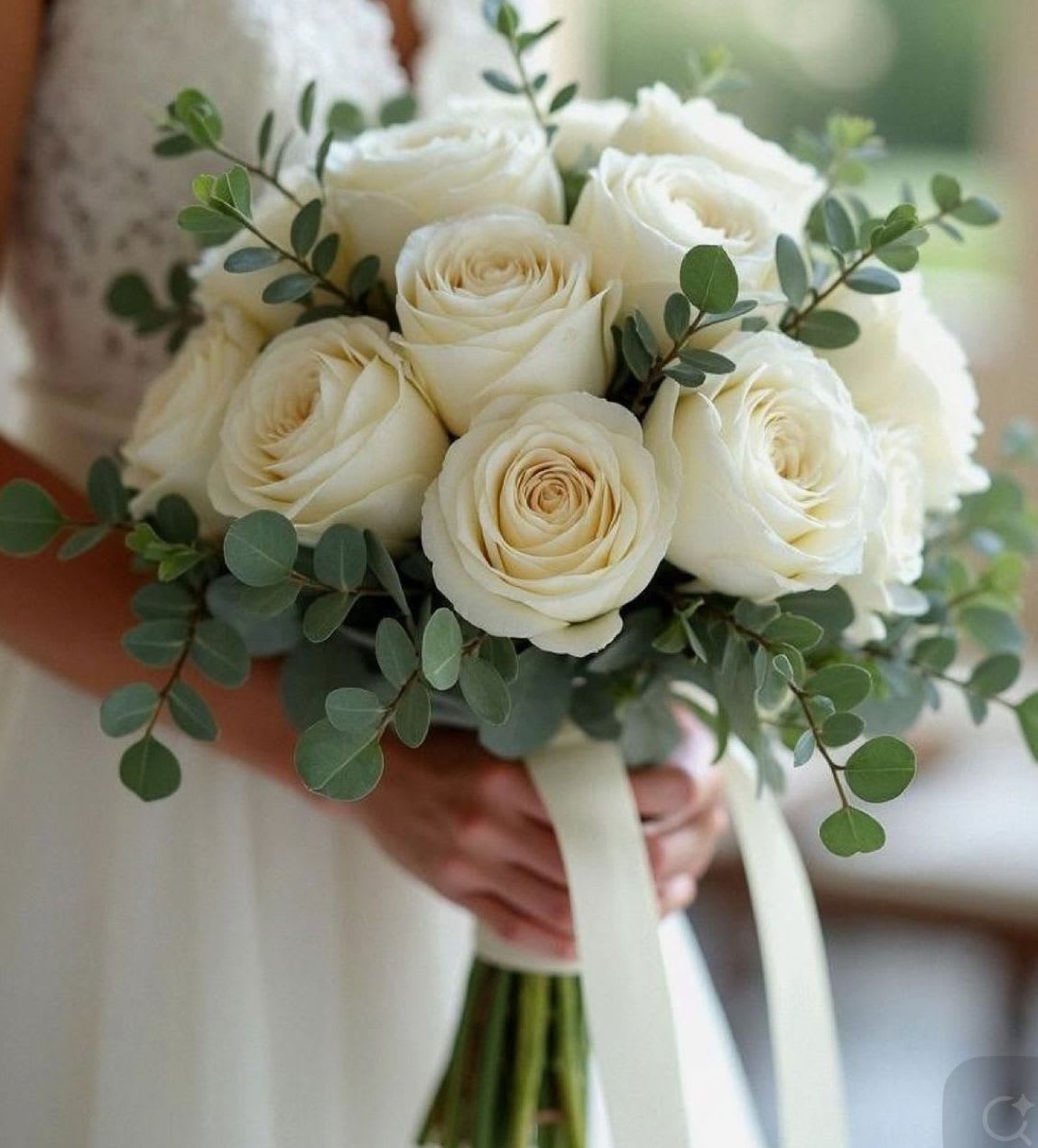 White rose bouquet with eucalyptus and ribbon