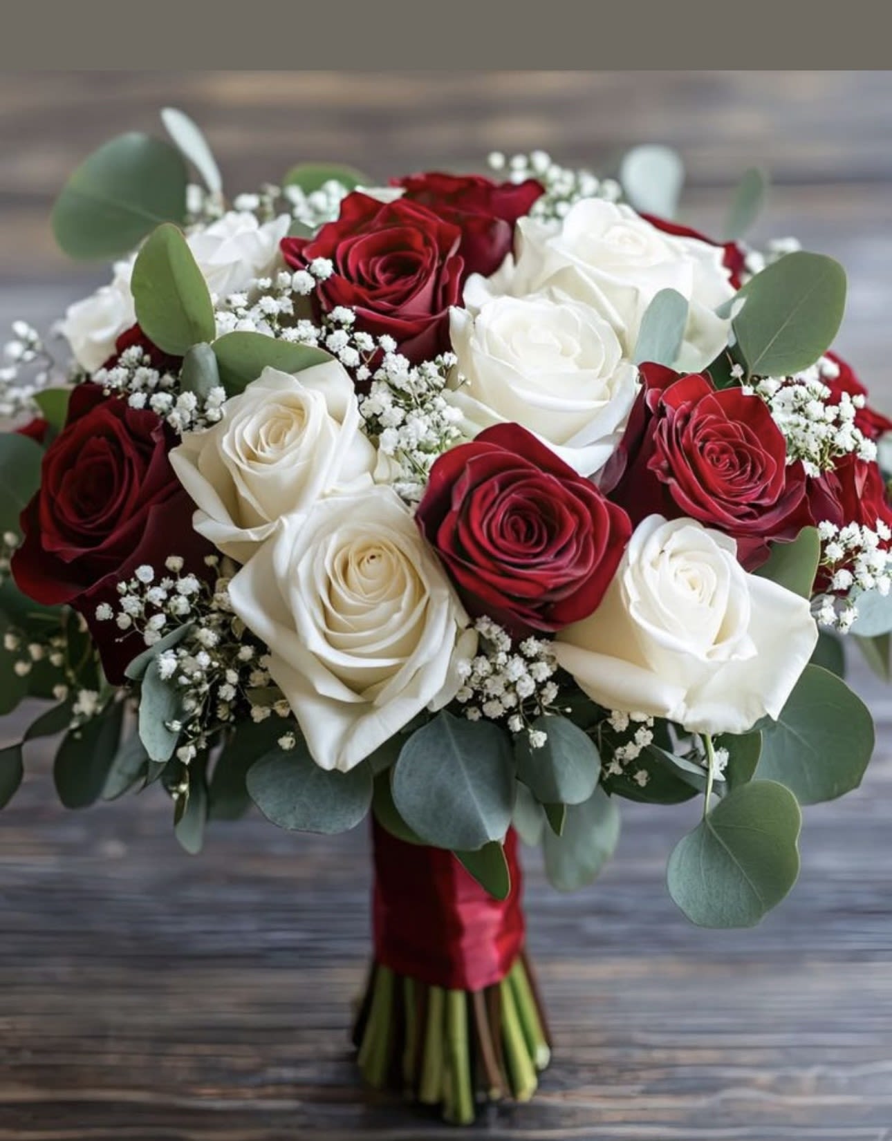 Bouquet of red and white roses with baby's breath and eucalyptus