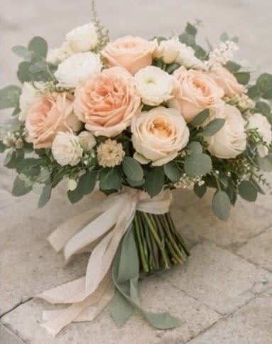 Peach and white rose bouquet with eucalyptus and a ribbon wrap