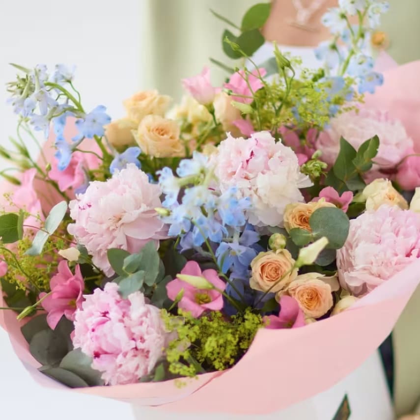 Luxury Summer Bouquet - Peonies plus coordinating flowers in shades of peach, blush and lemon with pops of lilac 