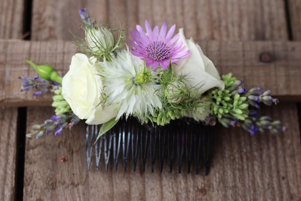 Small floral hair comb with white and purple flowers