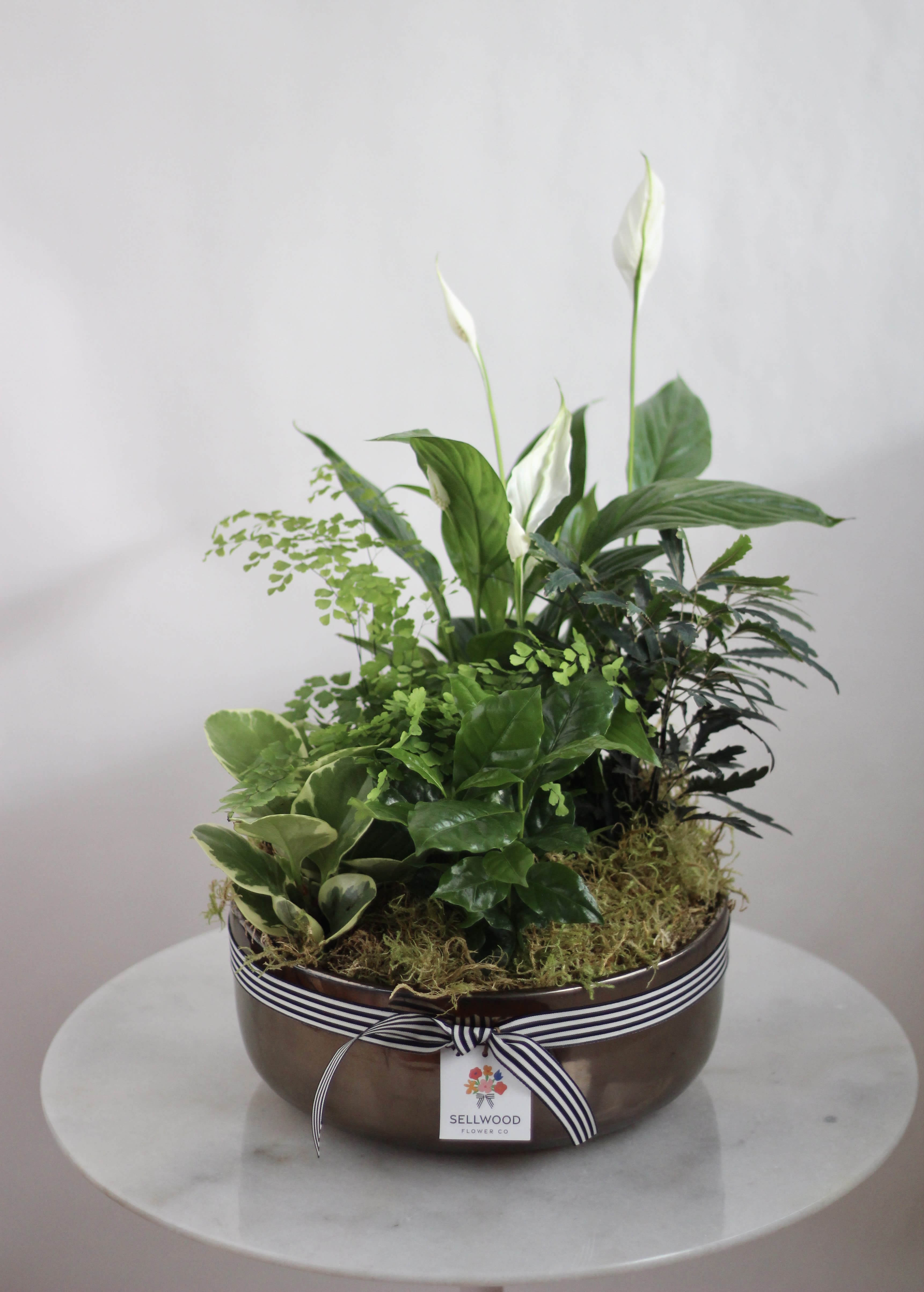 Potted green plant arrangement with white peace lilies in a brown bowl