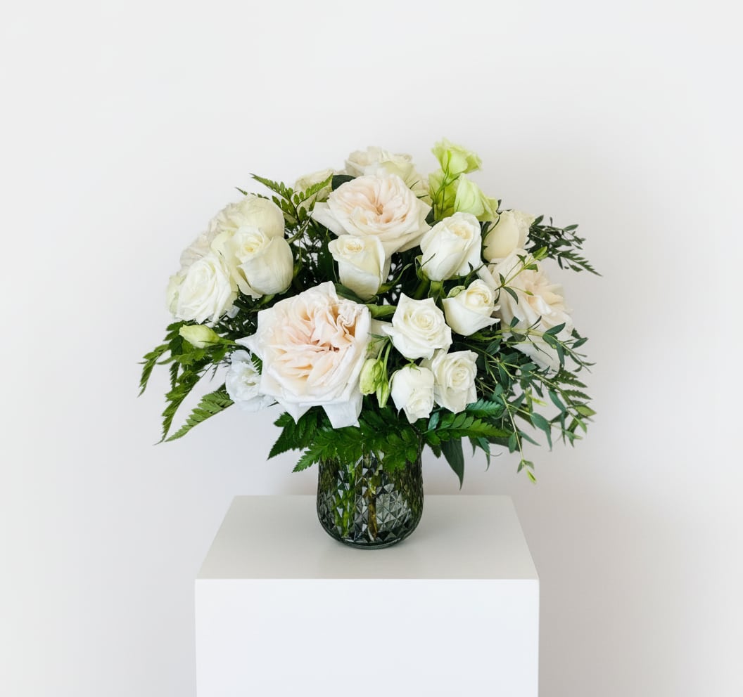 Celestial Comfort Bouquet  - A serene cluster of white and very pale peach blooms makes a quietly elegant anniversary bouquet that also suits birthdays, thank-you gestures, sympathy, or a tender Mother's Day surprise.   