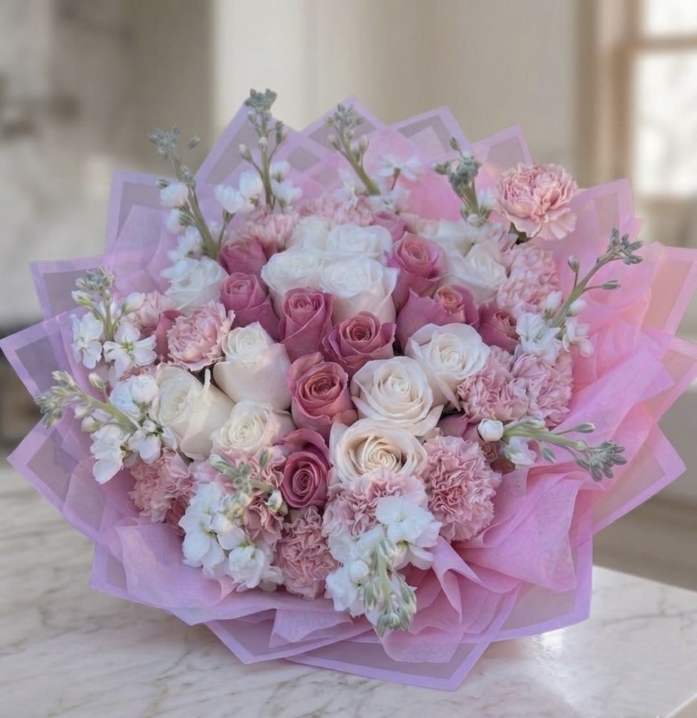 Blush Garden Luxury Arrangement - A soft and elegant floral arrangement designed to capture beauty, grace, and femininity. This bouquet features a delicate blend of blush, pink, and white roses, complemented with premium filler flowers for a full and luxurious look.  Wrapped in a layered pink presentation, this design is perfect for birthdays, celebrations, or simply expressing love in a refined and elegant way.  Each bouquet is handcrafted with fresh flowers, making every arrangement unique while maintaining its signature soft and romantic style.