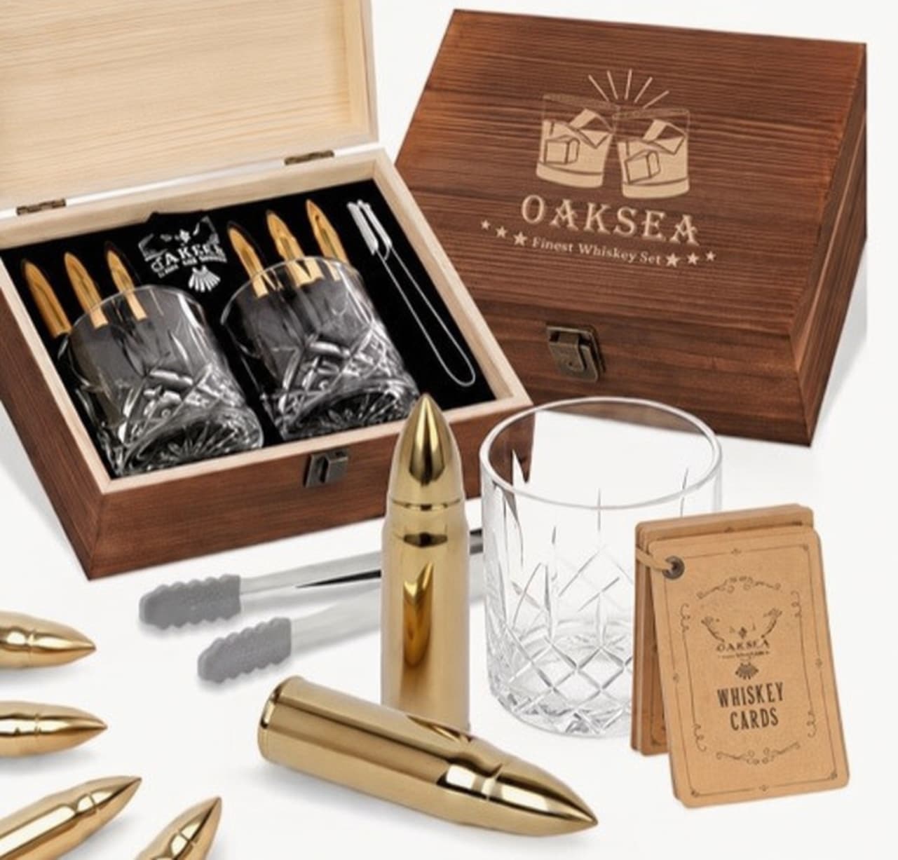 Luxury Whiskey Glass Gift Set for Dad - Impress Dad with a sophisticated keepsake gift set designed for memorable moments. Beautifully presented in a premium wooden box, this collection includes crystal-style whiskey glasses, decorative gold-tone accessories, whiskey stones, tongs, and matching gift accessories for a refined presentation.  Whether you’re celebrating Father’s Day, a birthday, retirement, or another special occasion, this set offers a timeless and stylish gift that can be enjoyed and displayed for years.  What’s Included: * Premium wooden gift box * Two crystal-style whiskey glasses * Decorative gold-tone accessories * Whiskey stones and tongs * Gift accessories as shown  Important: This product is sold without alcohol. No whiskey or other alcoholic beverages are included.