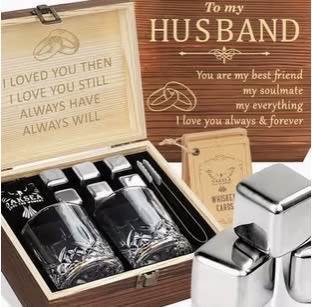 Luxury Whiskey Decanter Gift Set for Husband – Wooden Box with Glasses &amp; Accessories - Celebrate your husband with a meaningful and elegant gift he’ll treasure for years to come. This premium gift set includes an engraved wooden presentation box, a crystal decanter, matching whiskey glasses, reusable whiskey stones, and coordinating accessories, making it perfect for birthdays, anniversaries, Father’s Day, weddings, or any special occasion.  Designed to impress, this sophisticated set combines style and functionality while creating a memorable unboxing experience.  Features:  * Engraved wooden keepsake box * Crystal whiskey decanter * Two matching whiskey glasses * Reusable whiskey stones * Premium gift presentation * Thoughtful gift for husbands and special occasions * Whiskey or any alcoholic beverage is NOT included