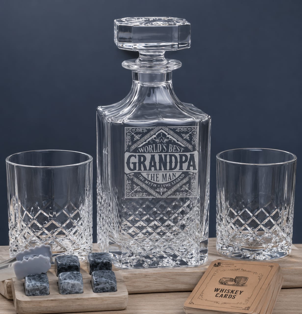 Grandpa Crystal Decanter Gift Set – Engraved Glass Bottle with Matching Tumblers - Honor the special grandfather in your life with a timeless and sophisticated gift. This beautifully crafted crystal decanter set features an engraved “World’s Best Grandpa” design, two matching whiskey glasses, reusable chilling stones, and accessories that make it perfect for birthdays, Father’s Day, Christmas, or any meaningful occasion.  Whether displayed in a home bar or used for entertaining, this refined set combines style, quality, and sentimental value in one memorable gift.  Features:  * Engraved crystal decanter with “World’s Best Grandpa” design * Two matching crystal whiskey glasses * Reusable whiskey stones and included accessories * Elegant and durable craftsmanship * Ideal gift for Grandpa, birthdays, Father’s Day, and holidays * Sold without whiskey or any alcoholic beverage
