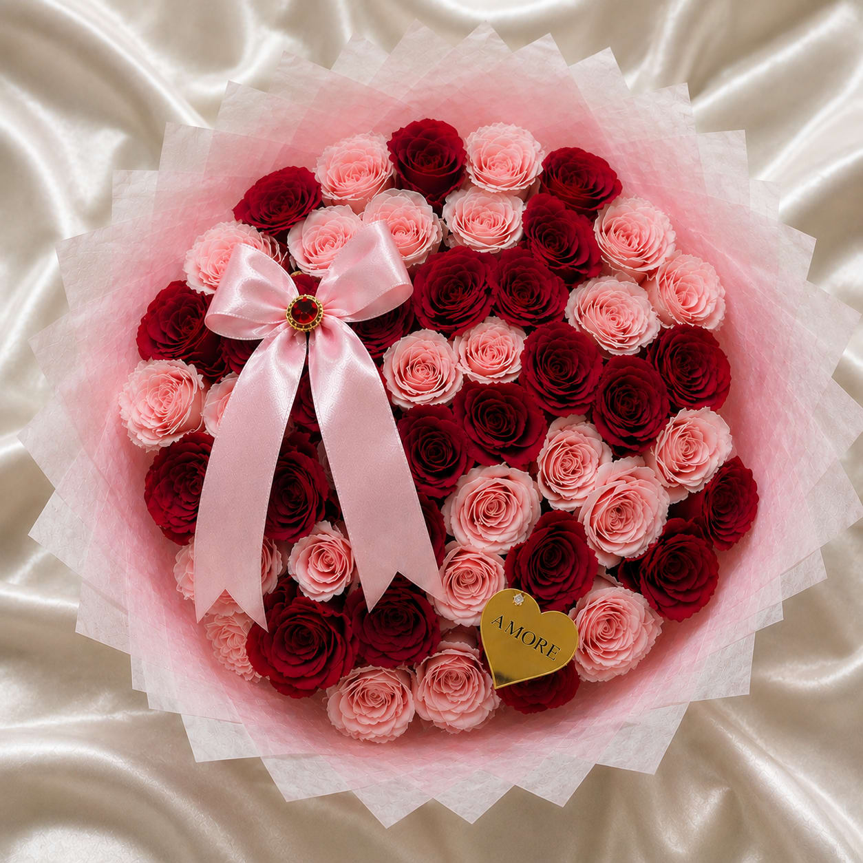 Luxury Wrapped Rose Bouquet - This Luxury Wrapped Rose Bouquet features premium fresh roses arranged in a balanced, rounded design and finished in an elegant layered wrap for a refined and romantic presentation.  The structured wrapping enhances the fullness of the roses while maintaining a soft, couture-inspired silhouette. Perfect for anniversaries, birthdays, romantic gestures, and meaningful celebrations.  Rose color combinations may vary based on seasonal and in-store availability. 