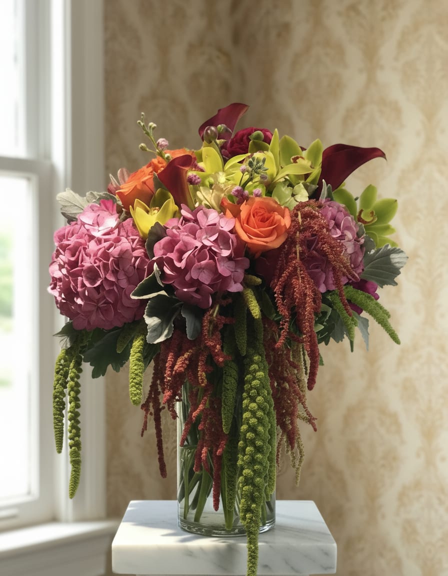 Bouquet of pink hydrangeas, orange roses, and calla lilies in a glass vase
