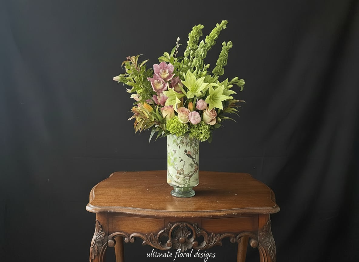 Tall floral arrangement in a decorative vase with pink and green blooms