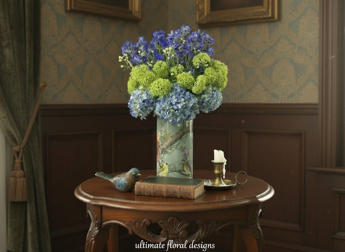 Blue and green hydrangea arrangement in a painted vase on a wooden table
